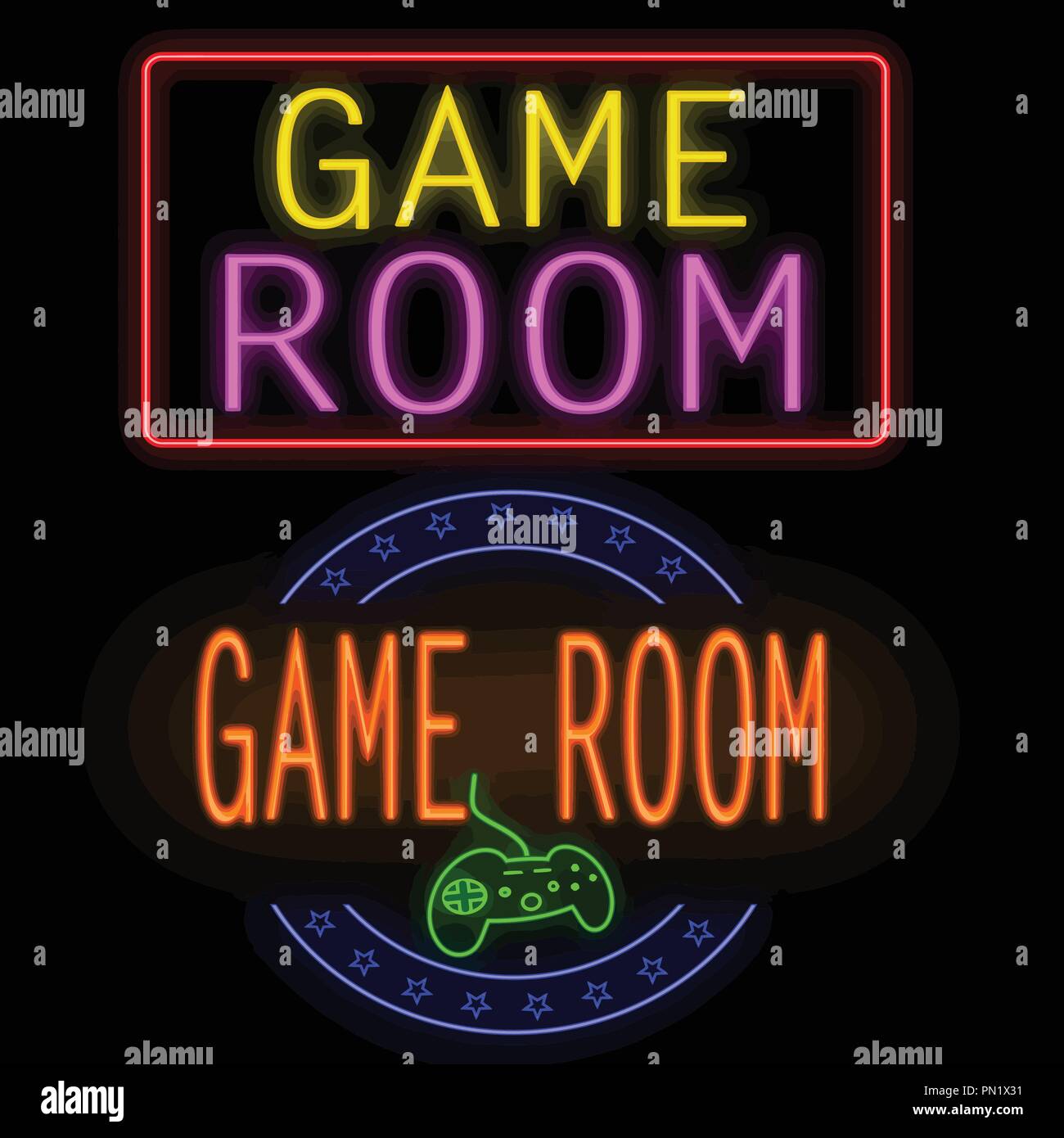 Spiel Zimmer leuchtend Leuchtreklame auf schwarzen Hintergrund, Vektor, Abbildung Stock Vektor