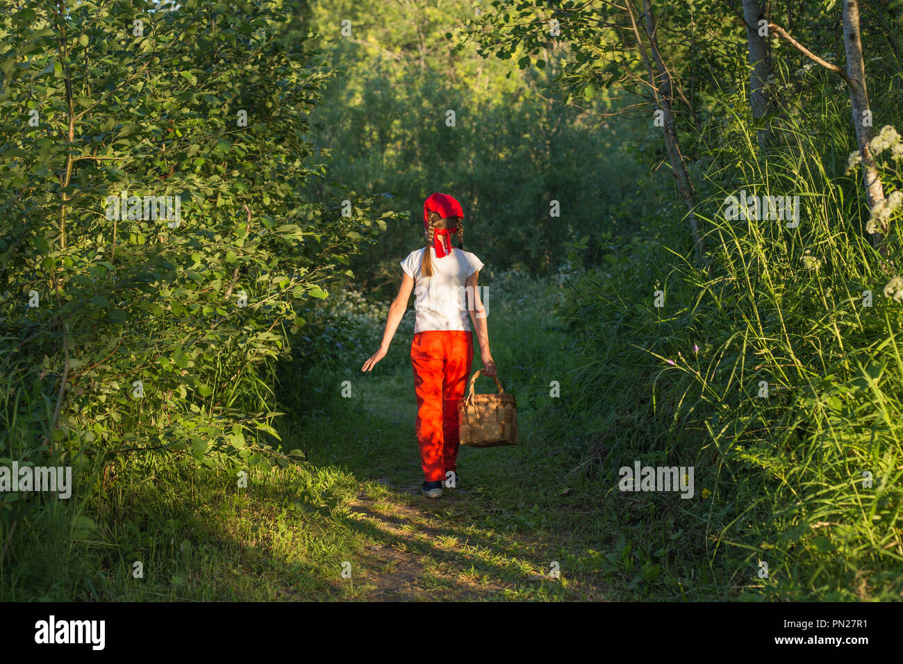 Junge Mädchen gehen auf einem Pfad durch grüne Wälder mit einem Korb Stockfoto