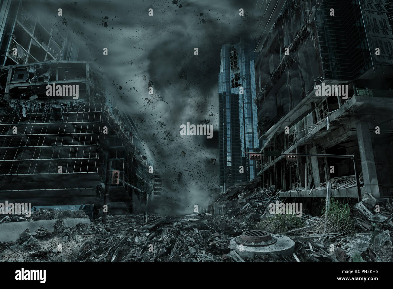 Eine filmische Darstellung von eine Stadt von einem Taifun, Wirbelsturm oder Tornado twister zerstört. Konzept der Zerstörung der Natur eines fiktiven Katastrophe Szene. Stockfoto