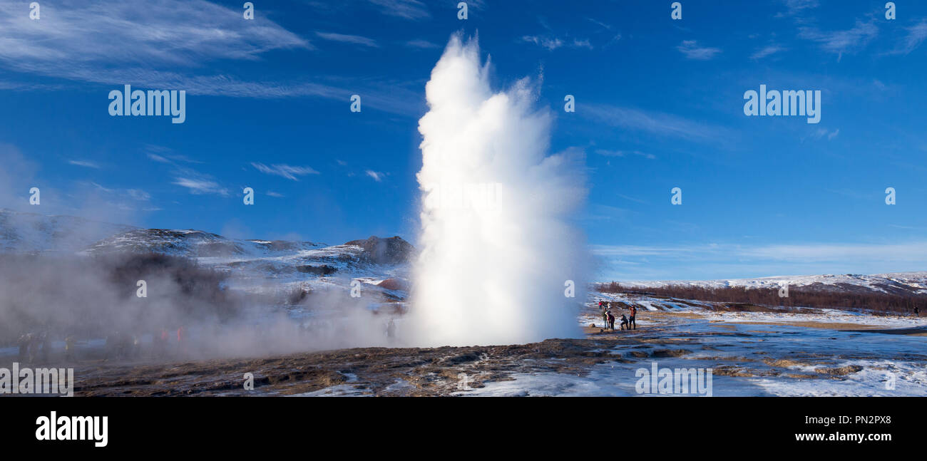 Ausbrechenden Frühling im Geysir Strokkur Fountain Geysir geothermische Gebiet ein Feld von Hot Pools und Wasserspeier ist eine der berühmtesten Island Geysire Stockfoto