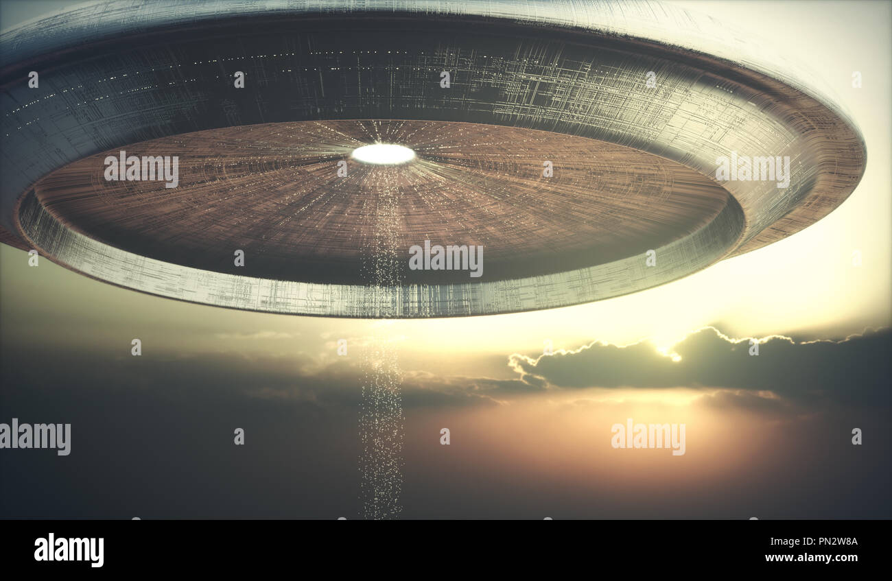 3D-Darstellung des UFO. Außerirdisches Raumschiff teleportieren Aliens auf die Erde. Stockfoto