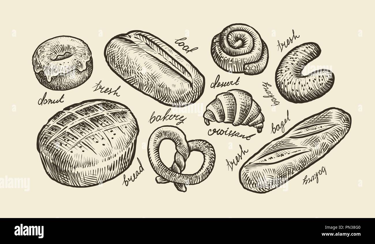 Brot, Bäckerei Skizze. Frisches Gebäck, Essen, warme Backwaren. Vintage Vector Illustration Stock Vektor