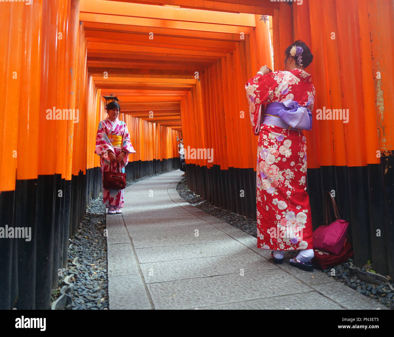 Mädchen im Kimono fotografieren einander zwischen roten torii Tore, Fushimi Inari Schrein, Kyoto, Japan. Keine PR oder MR. Stockfoto