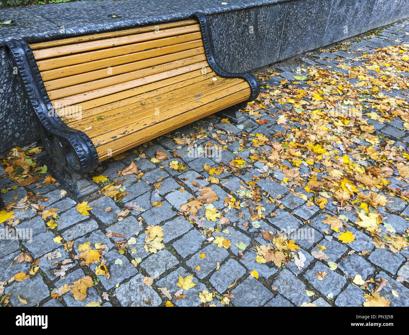 Park im Herbst. holzbank auf Steinboden mit bunten hellen Laub Stockfoto