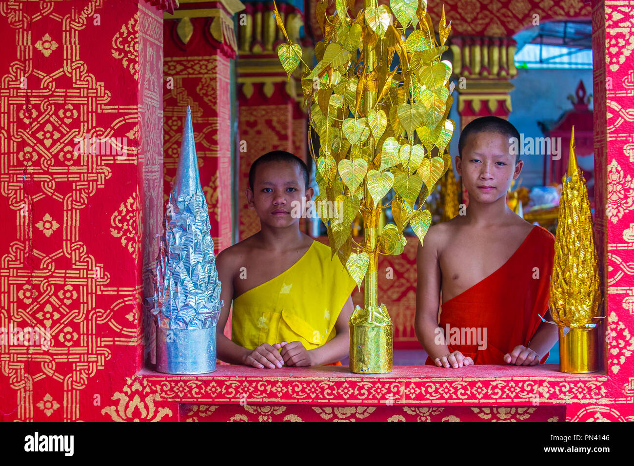 Novizen in Luang Prabang Laos Stockfoto