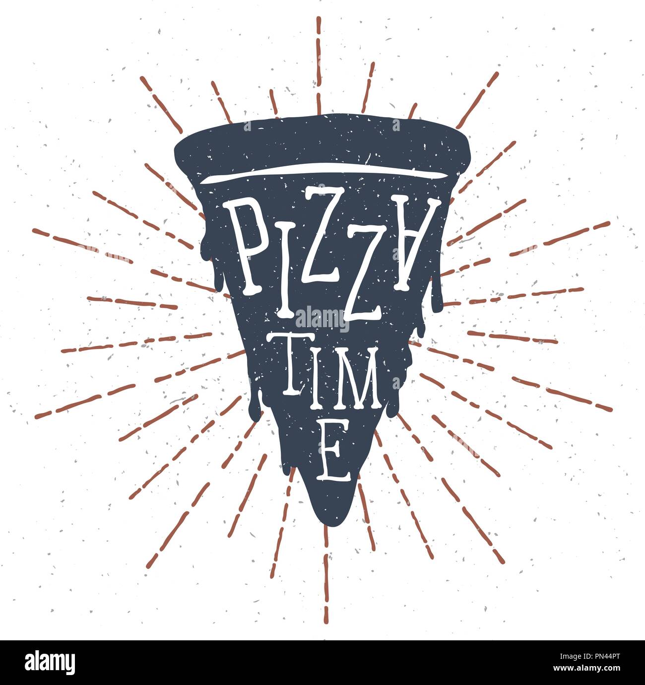 Hand pizza gezeichnet Slice mit Pizza Time-Schriftzug. Vektor Stock Vektor