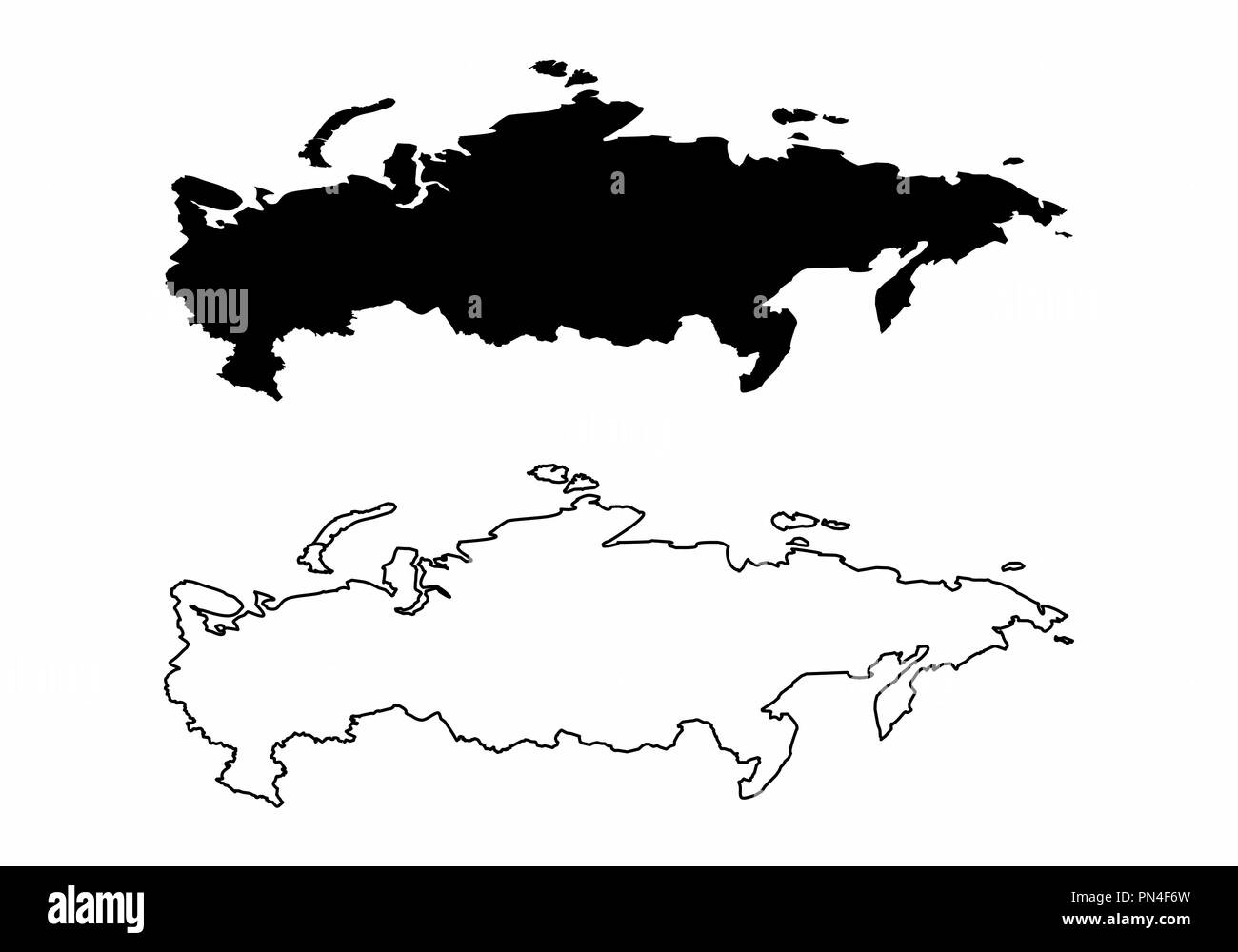 Vereinfachte Landkarten von Russland. Schwarze und weiße Umrisse. Stock Vektor