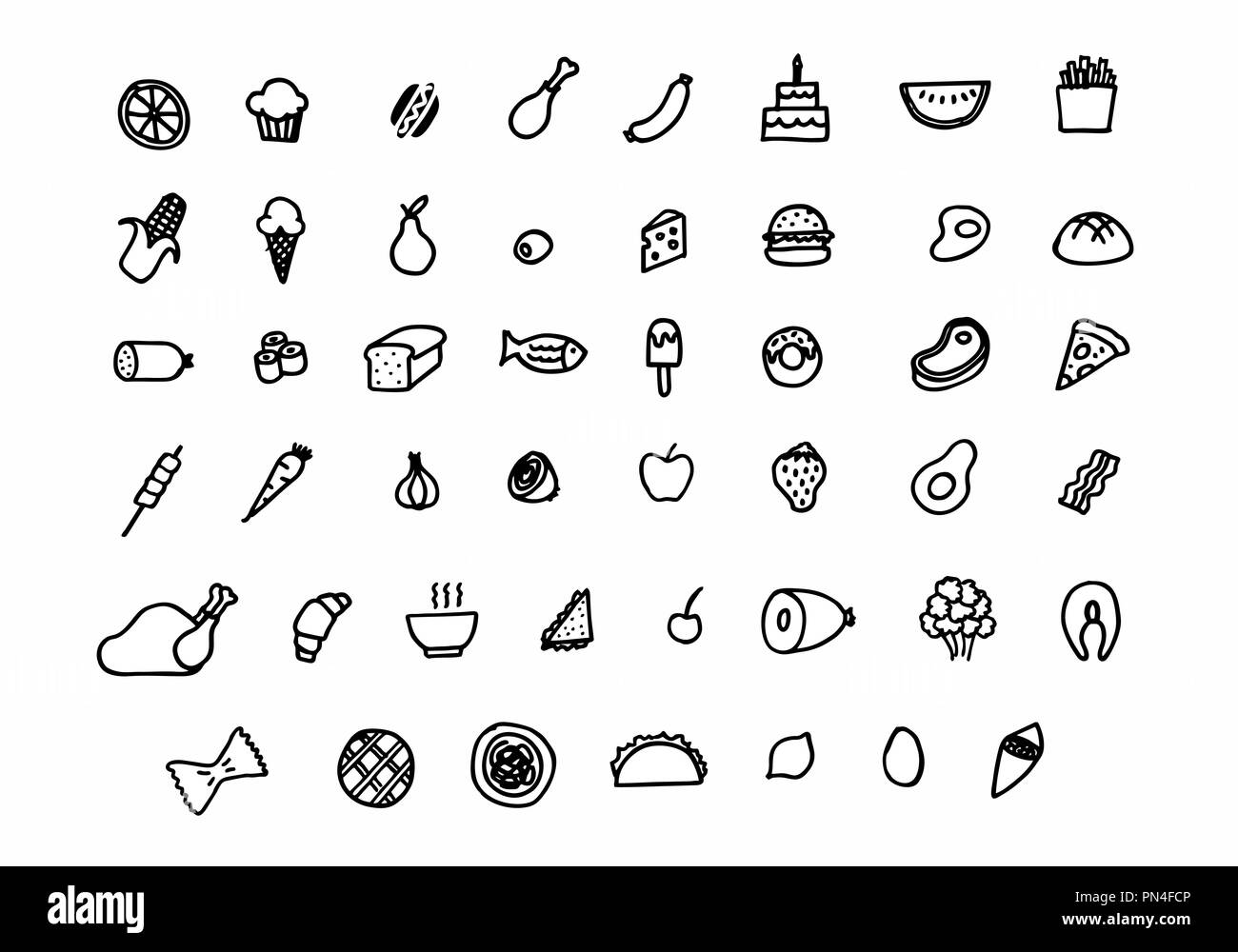 Eine Reihe von Freehand essen Symbole. Schwarzen umrissen auf weißem Hintergrund. Stock Vektor