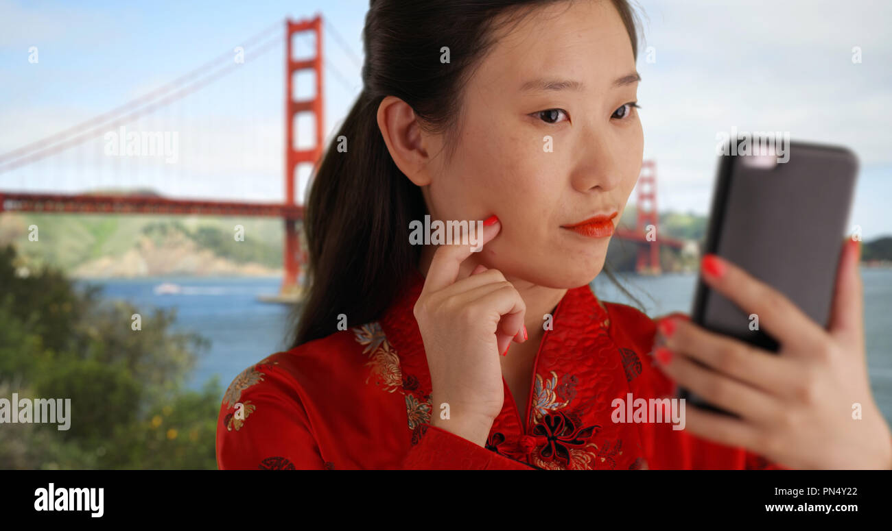 Nahaufnahme von Happy tausendjährigen Tourist, selfie in San Francisco Kalifornien Stockfoto