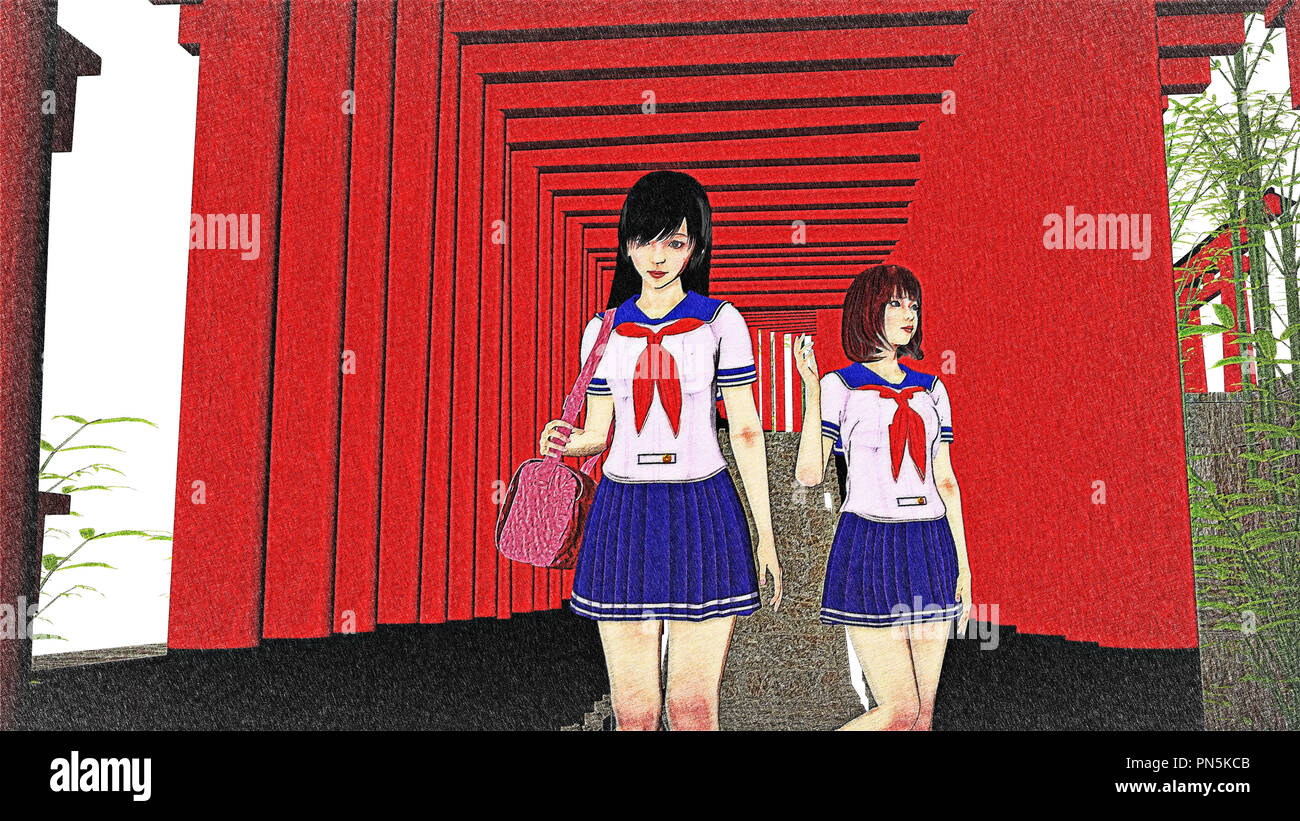 Japanische Schule Mädchen zu Fuß Stockfoto