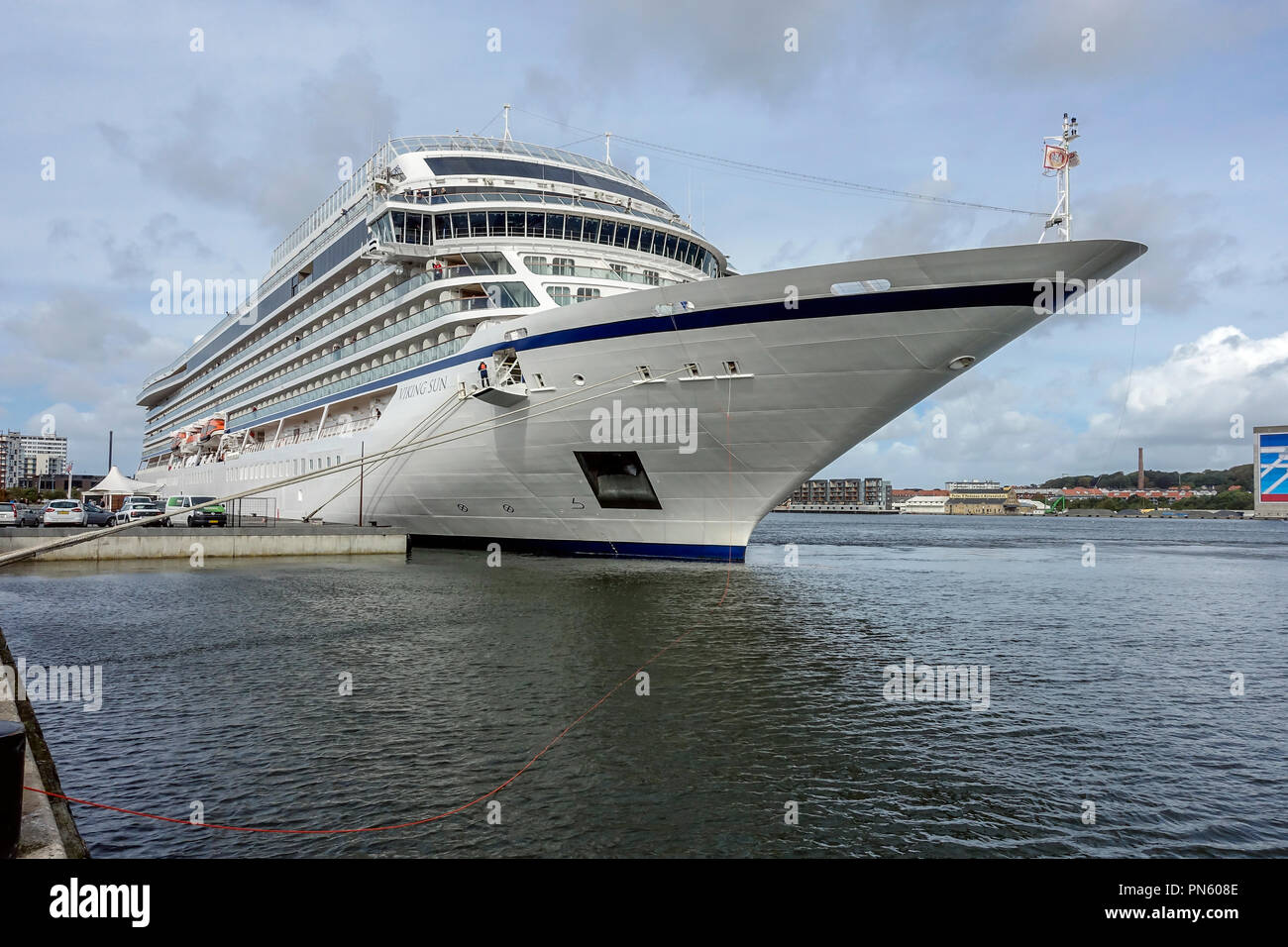 Kreuzfahrtschiff Viking Sun Ankunft am Hafen Honnørkajen Cruise Terminal Aalborg Aalborg Jütland Dänemark Europa Stockfoto