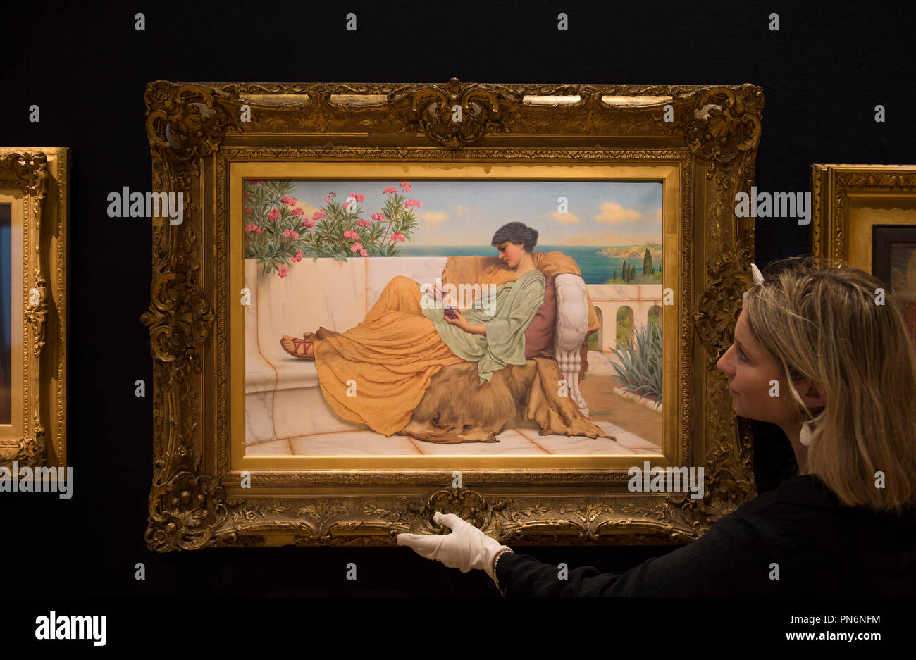 Bonhams, New Bond Street, London, UK. 20. September, 2018. 19. Europäische, viktorianischen und Britischen impressionistischer Kunst auf Anzeige bei Bonhams mit 'Dolce far niente' von viktorianischen Neoklassizismus Maler John Godward führenden das Fotoshooting, bei £ 200,000-300, 000 Euro veranschlagt. Credit: Malcolm Park/Alamy Leben Nachrichten. Stockfoto
