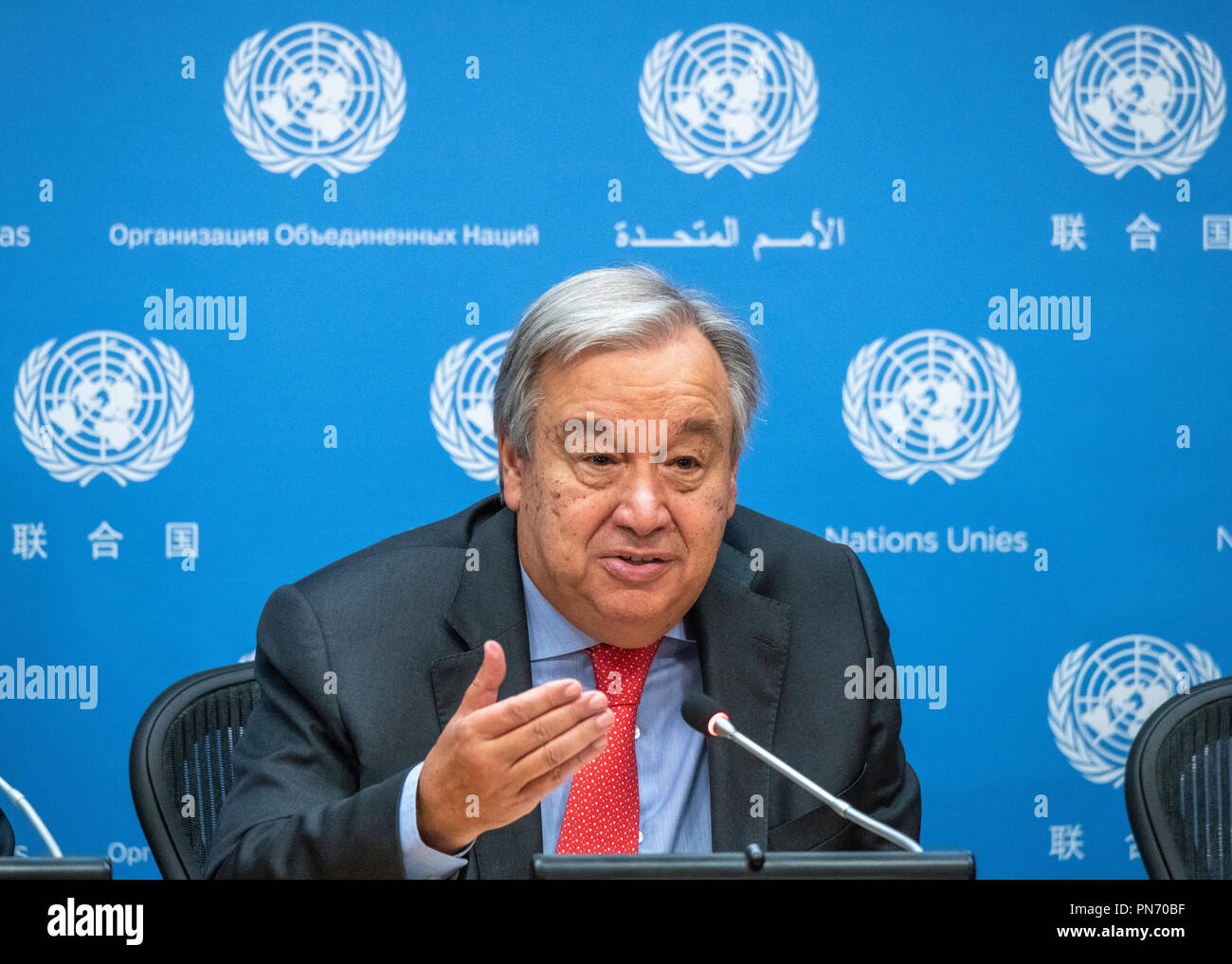 New York, USA, 20. September 2018. Generalsekretär der Vereinten Nationen, Antonio Guterres während einer Pressekonferenz im Vorfeld der 73. UN-Generalversammlung. Guterres sagte, dass 128 Staats- und Regierungschefs erwartet, sind die Treffen in der nächsten Woche in New York zu besuchen. Foto von Enrique Shore Credit: Enrique Ufer/Alamy leben Nachrichten Stockfoto