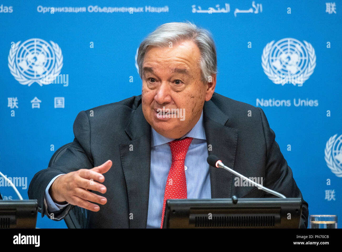 New York, USA, 20. September 2018. Generalsekretär der Vereinten Nationen, Antonio Guterres während einer Pressekonferenz im Vorfeld der 73. UN-Generalversammlung. Guterres sagte, dass 128 Staats- und Regierungschefs erwartet, sind die Treffen in der nächsten Woche in New York zu besuchen. Foto von Enrique Shore Credit: Enrique Ufer/Alamy leben Nachrichten Stockfoto