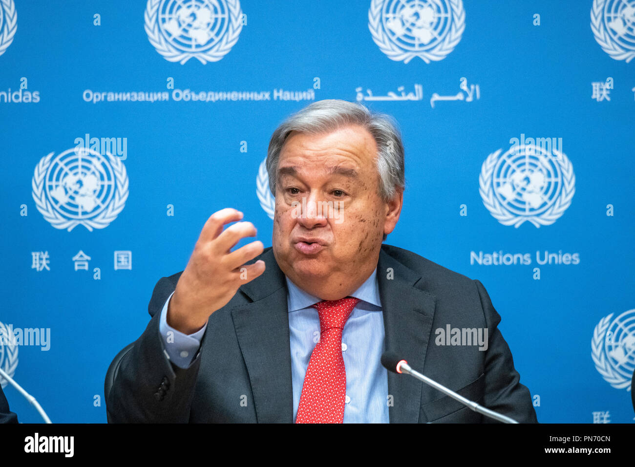 New York, USA, 20. September 2018. Generalsekretär der Vereinten Nationen, Antonio Guterres während einer Pressekonferenz im Vorfeld der 73. UN-Generalversammlung. Guterres sagte, dass 128 Staats- und Regierungschefs erwartet, sind die Treffen in der nächsten Woche in New York zu besuchen. Foto von Enrique Shore Credit: Enrique Ufer/Alamy leben Nachrichten Stockfoto