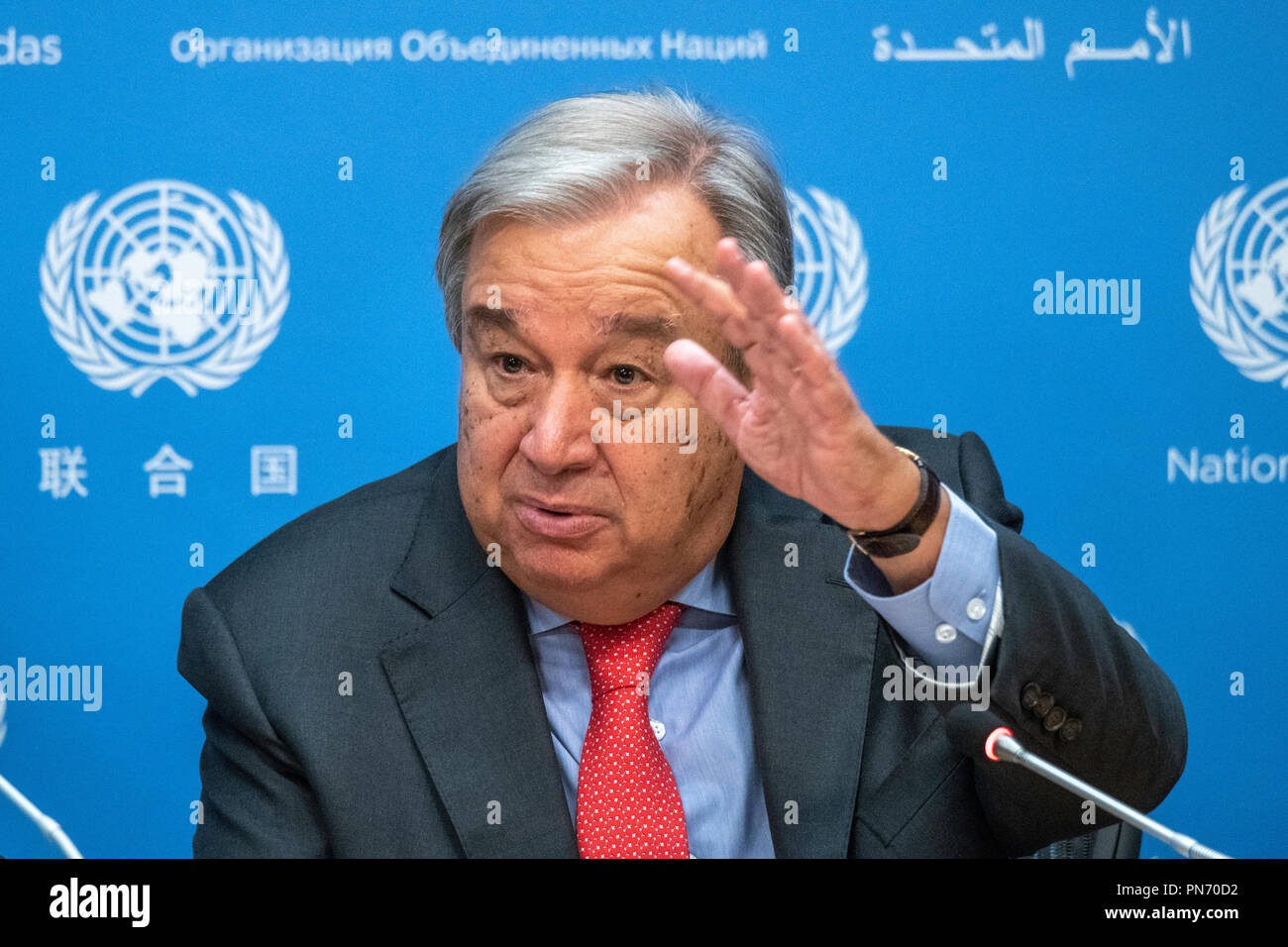 New York, USA, 20. September 2018. Generalsekretär der Vereinten Nationen, Antonio Guterres während einer Pressekonferenz im Vorfeld der 73. UN-Generalversammlung. Guterres sagte, dass 128 Staats- und Regierungschefs erwartet, sind die Treffen in der nächsten Woche in New York zu besuchen. Foto von Enrique Shore Credit: Enrique Ufer/Alamy leben Nachrichten Stockfoto