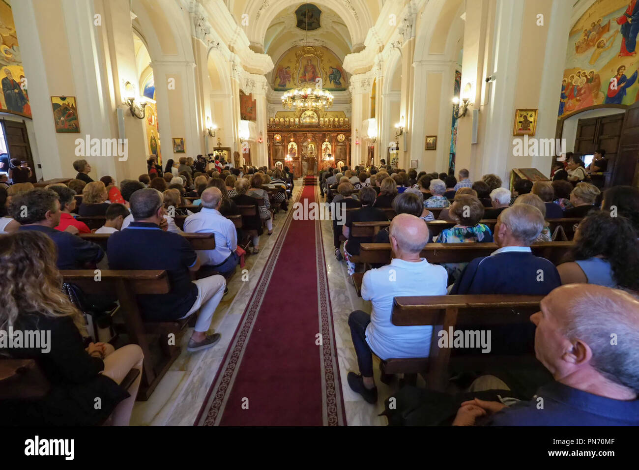 Civita, ein Moment des Gedenkens an die 10 Opfer, die ihr Leben in der raganello Schlucht am 20. August durch ein Hochwasser des Flusses verloren. 20/09/2018, Civita, Italien Stockfoto
