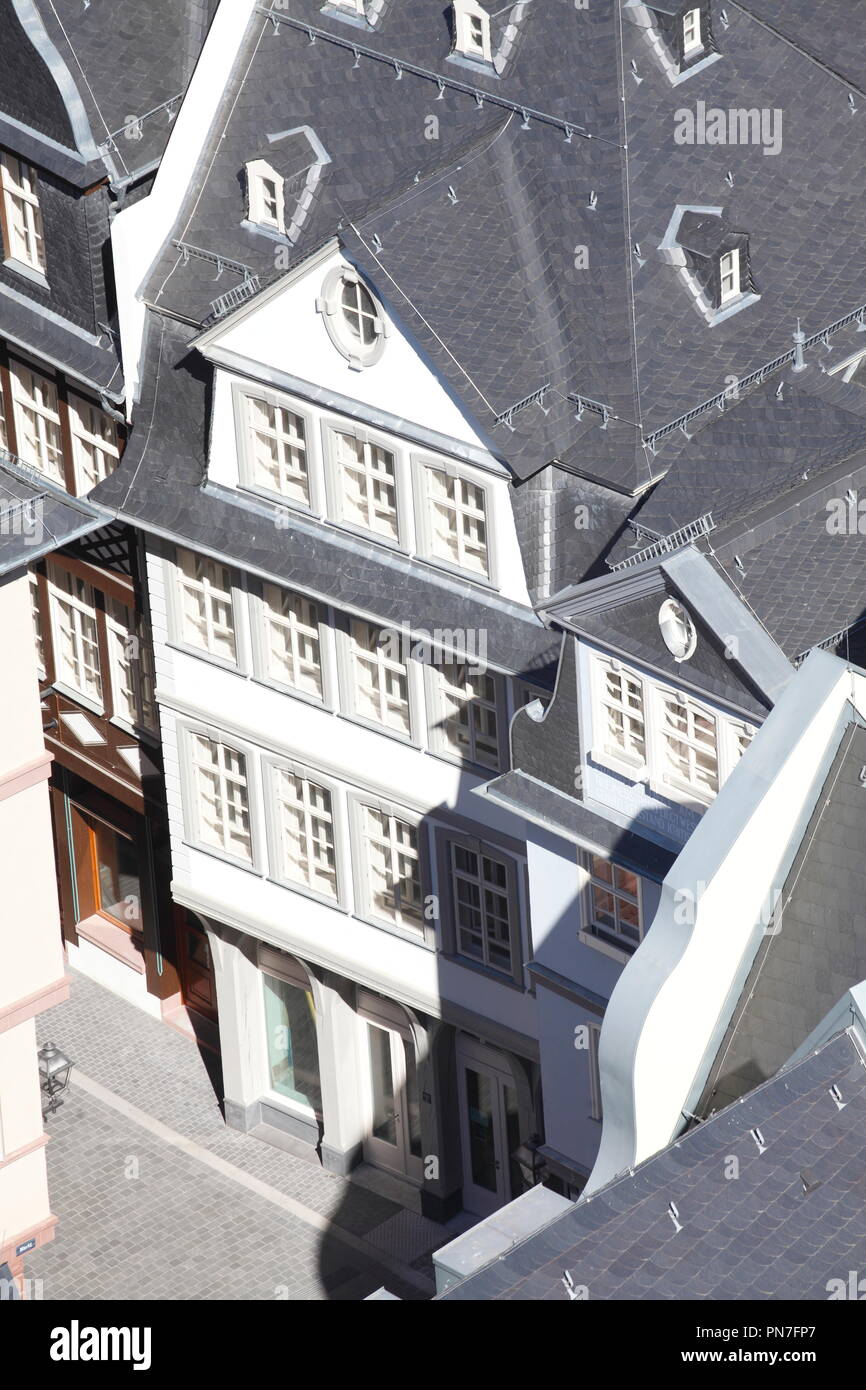 Historische Hausfassade, Blick aus dem Turm der Kathedrale, Römerberg, Altstadt rekonstruiert, Frankfurt am Main, Hessen, Deutschland, Europa ich Rekonstruierte h Stockfoto