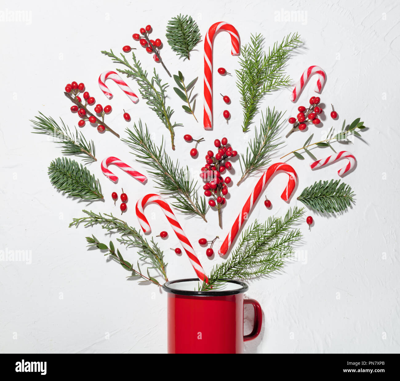 Weihnachtsdekoration, tanne Zweig, Beeren und rote Schale, flach. Stockfoto