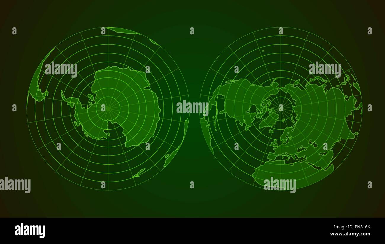 Arktis und Antarktis pole Globus Hemisphären in militärischen radar Stil Stock Vektor