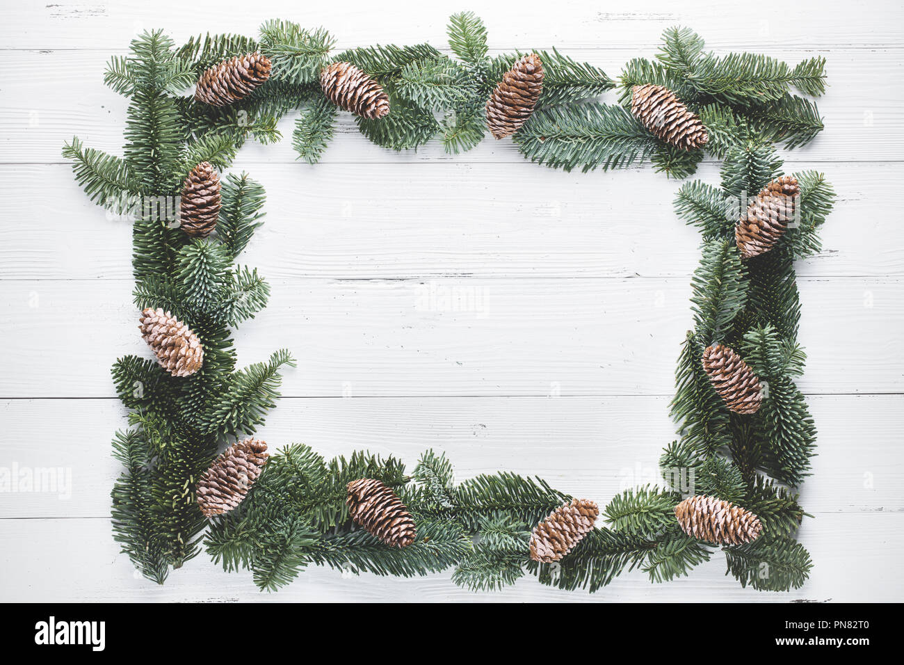 Weihnachtsbaum Filialen auf Holz Hintergrund Stockfoto