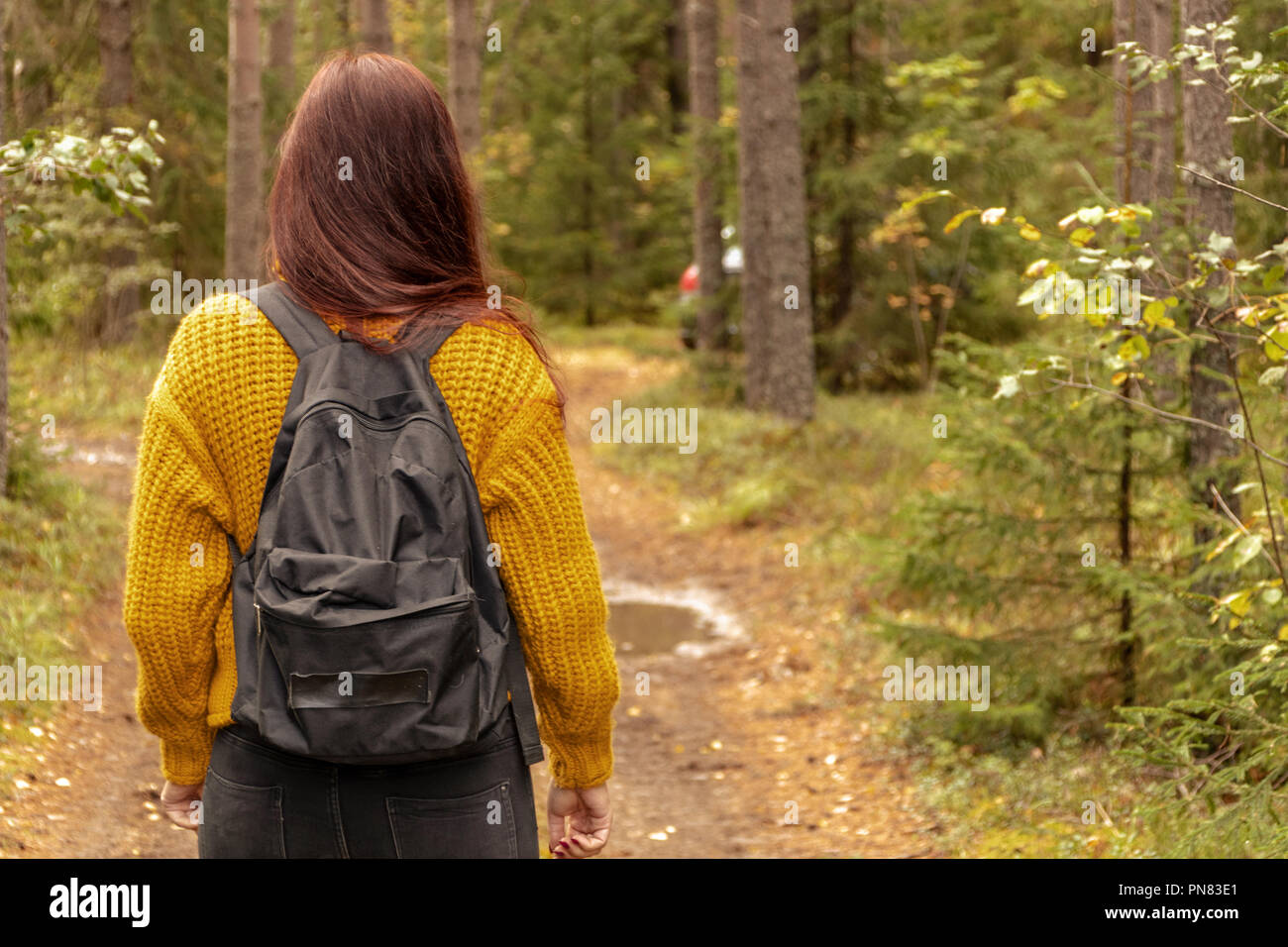 Mädchen geht in den Wald mit einem Rucksack, Toning Stockfoto