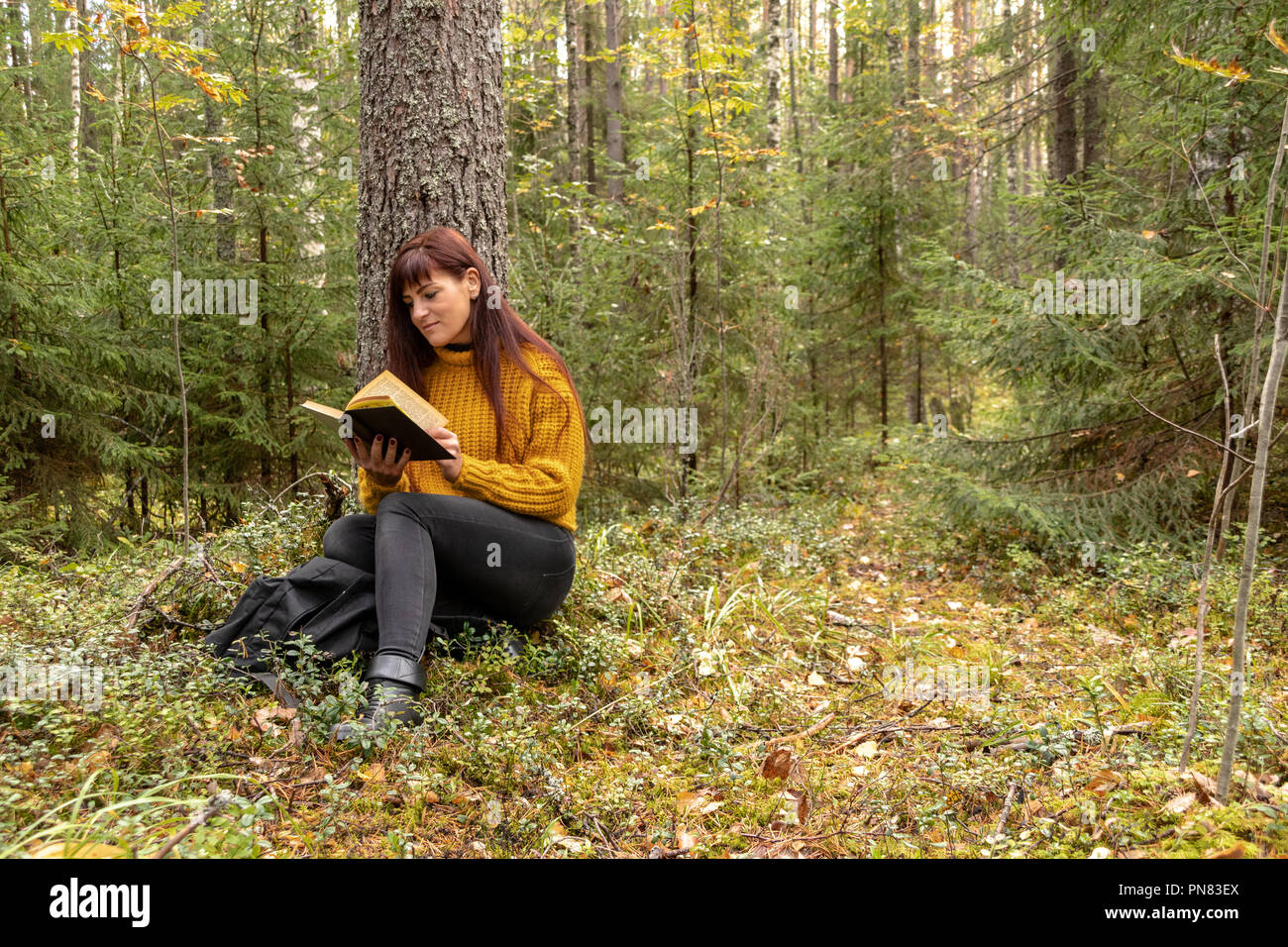 Mädchen mit einem Buch in den Wald, Toning Stockfoto