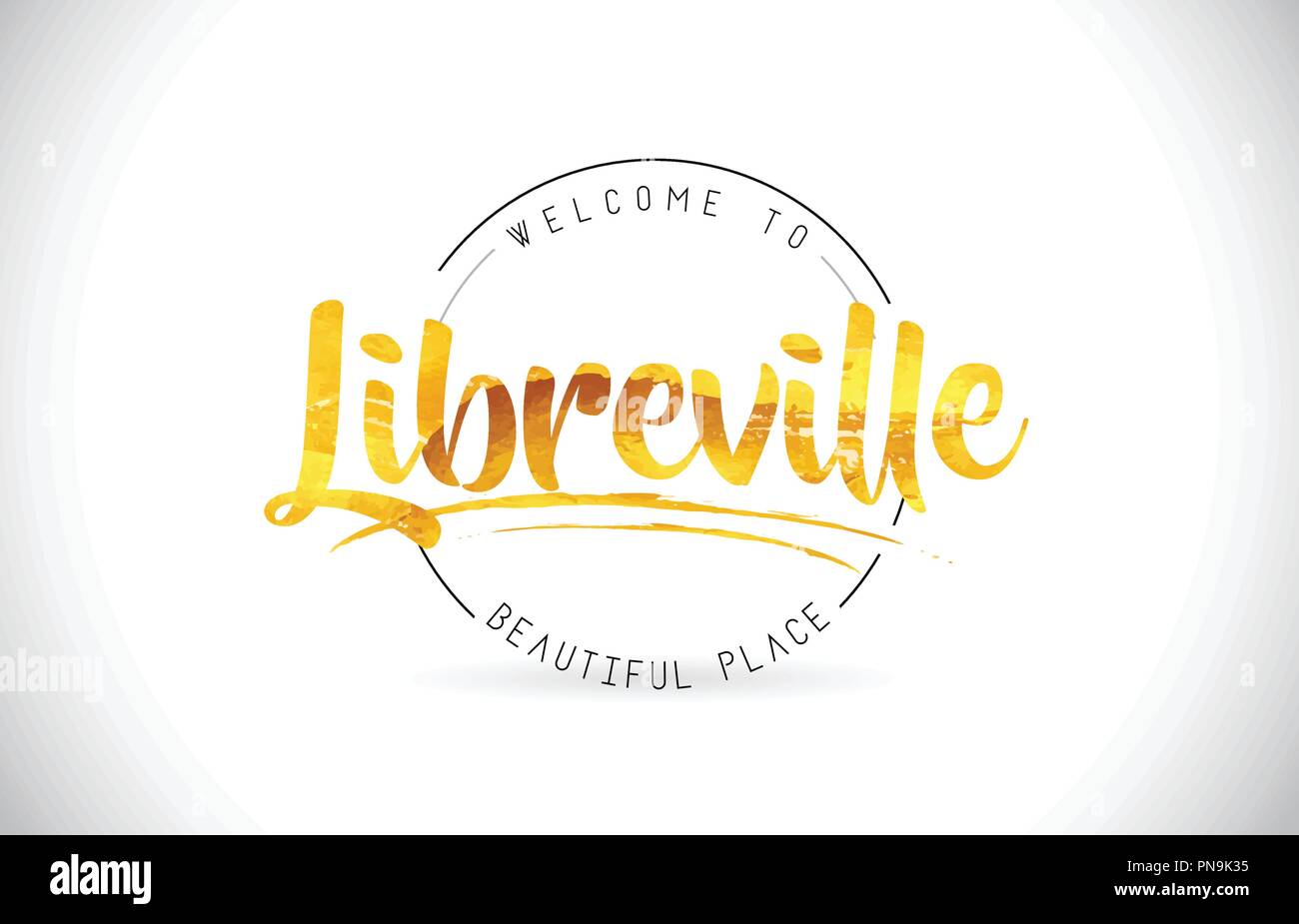 Libreville Willkommen bei Wort Text mit handschriftlichen Font und Golden Textur Design Illustration Vektor. Stock Vektor