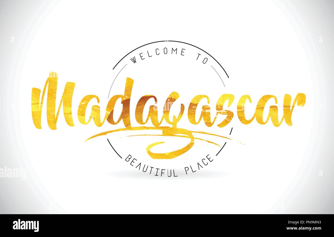 Madagaskar Willkommen bei Wort Text mit handschriftlichen Font und Golden Textur Design Illustration Vektor. Stock Vektor