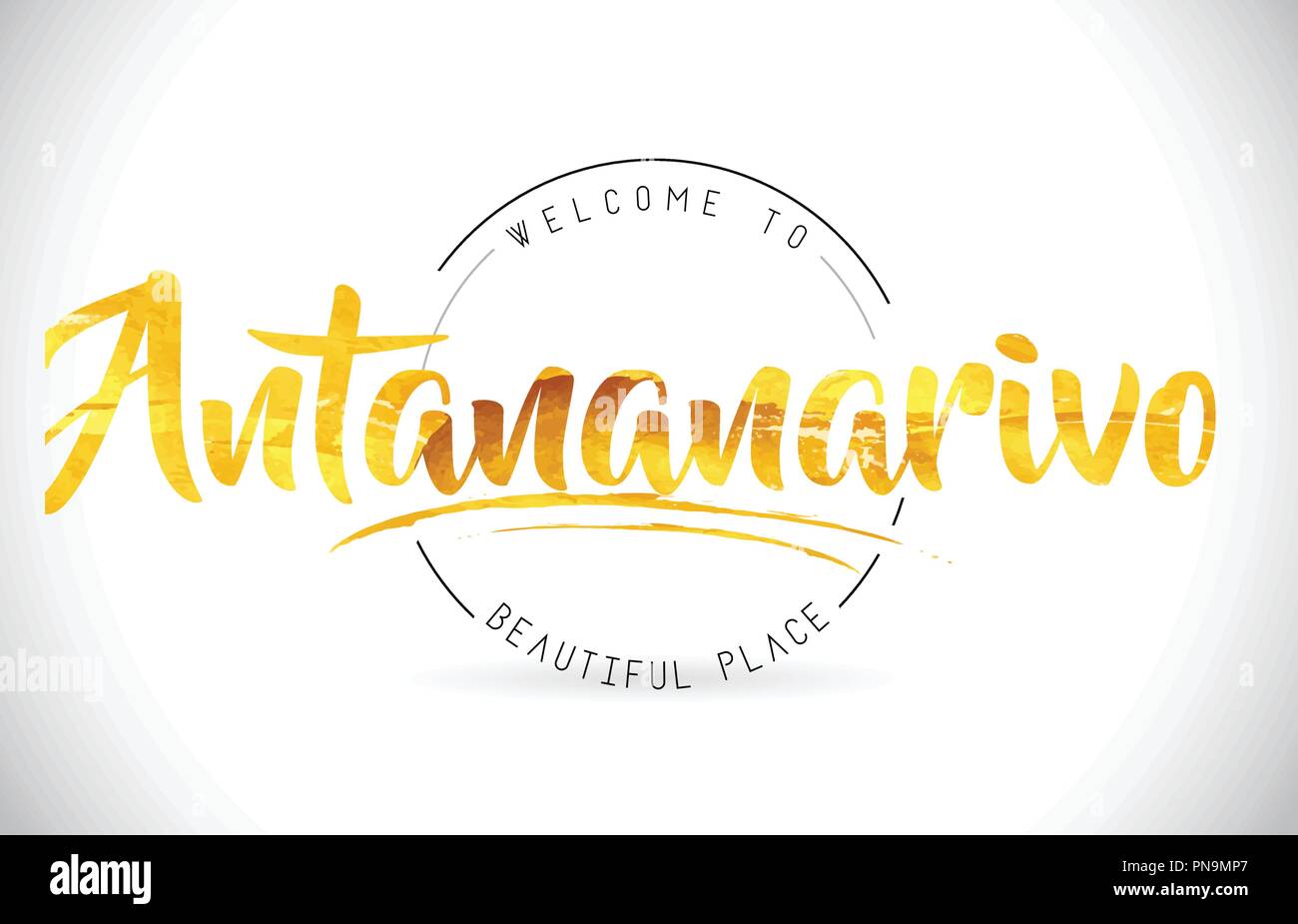 Antananarivo Willkommen bei Wort Text mit handschriftlichen Font und Golden Textur Design Illustration Vektor. Stock Vektor