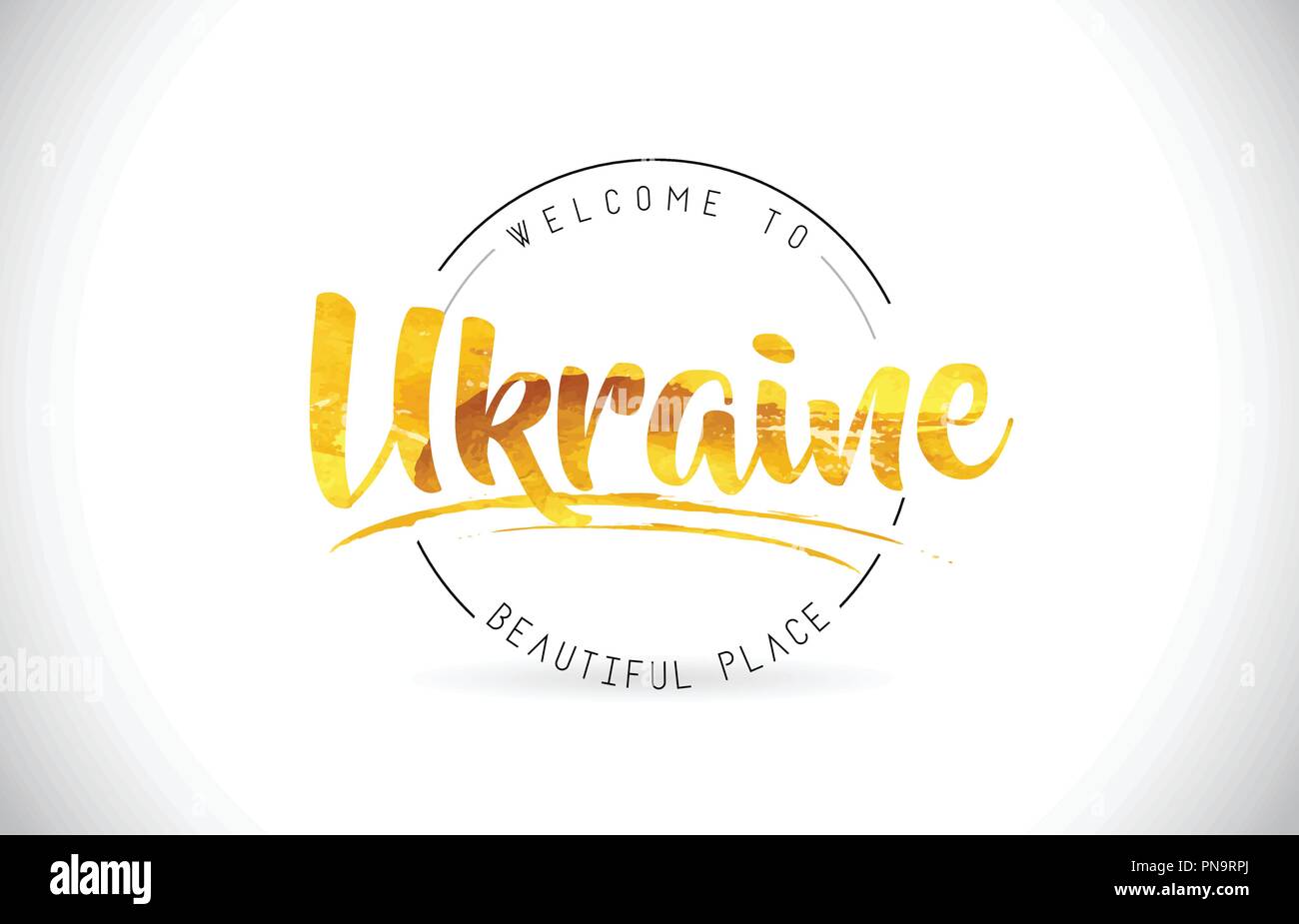 Ukraine Willkommen in Wort Text mit handschriftlichen Font und Golden Textur Design Illustration Vektor. Stock Vektor