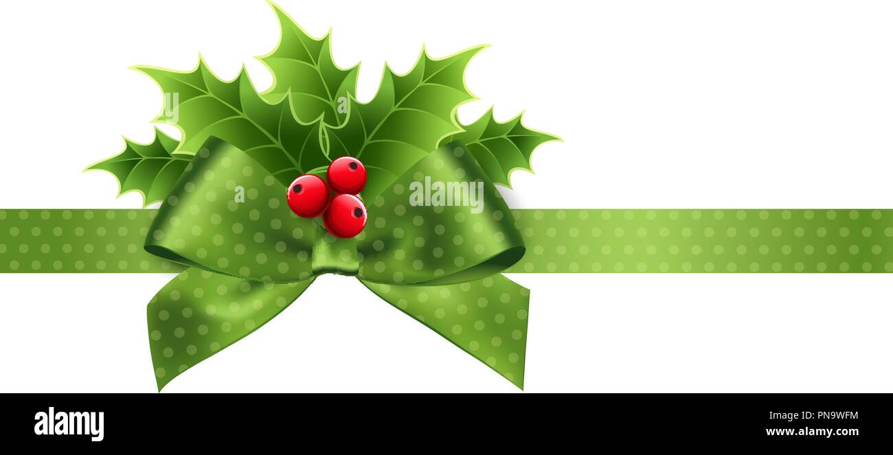 Weihnachts-Dekoration mit Holly Blätter und Bogen Stock Vektor