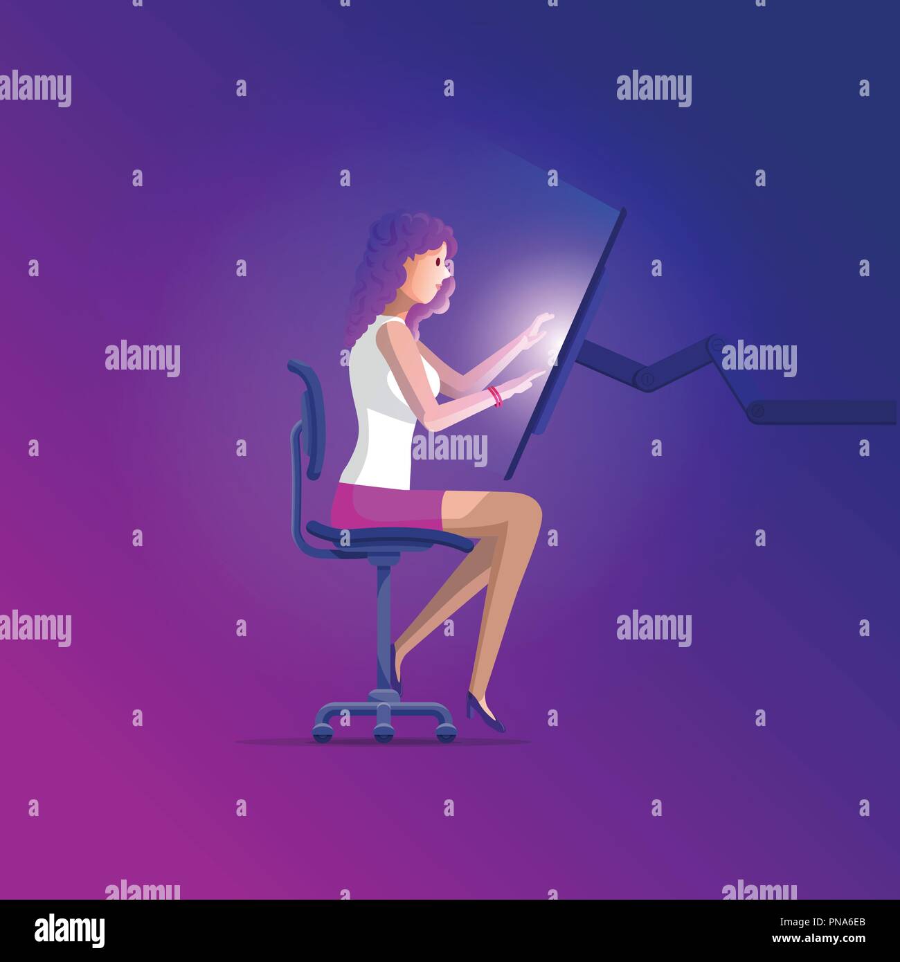 Schöne Mädchen sitzt auf moderne Büro Stuhl und der große Touchscreen computer. Vector Illustration. Stock Vektor