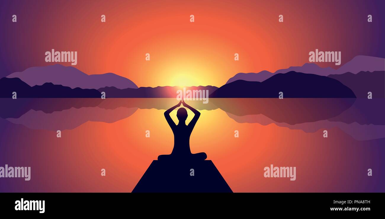 Yoga silhouette friedlich Sonnenuntergang am See und die Berge im Hintergrund Illustration Vektor EPS 10. Stock Vektor