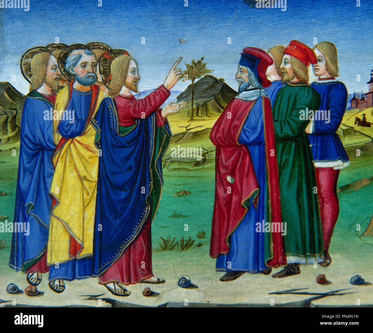 Cristoforo De Predis (1440-1486). Italienische Miniaturisten. Dann göttlichen Zeichen wird in der Sonne erscheinen und die Sterne, und der Sohn des Menschen wird auf einer Wolke mit Ehre und Stärke ankommen. Miniatur. Codex von Predis, 1476. Königliche Bibliothek. Turin, Italien. Stockfoto