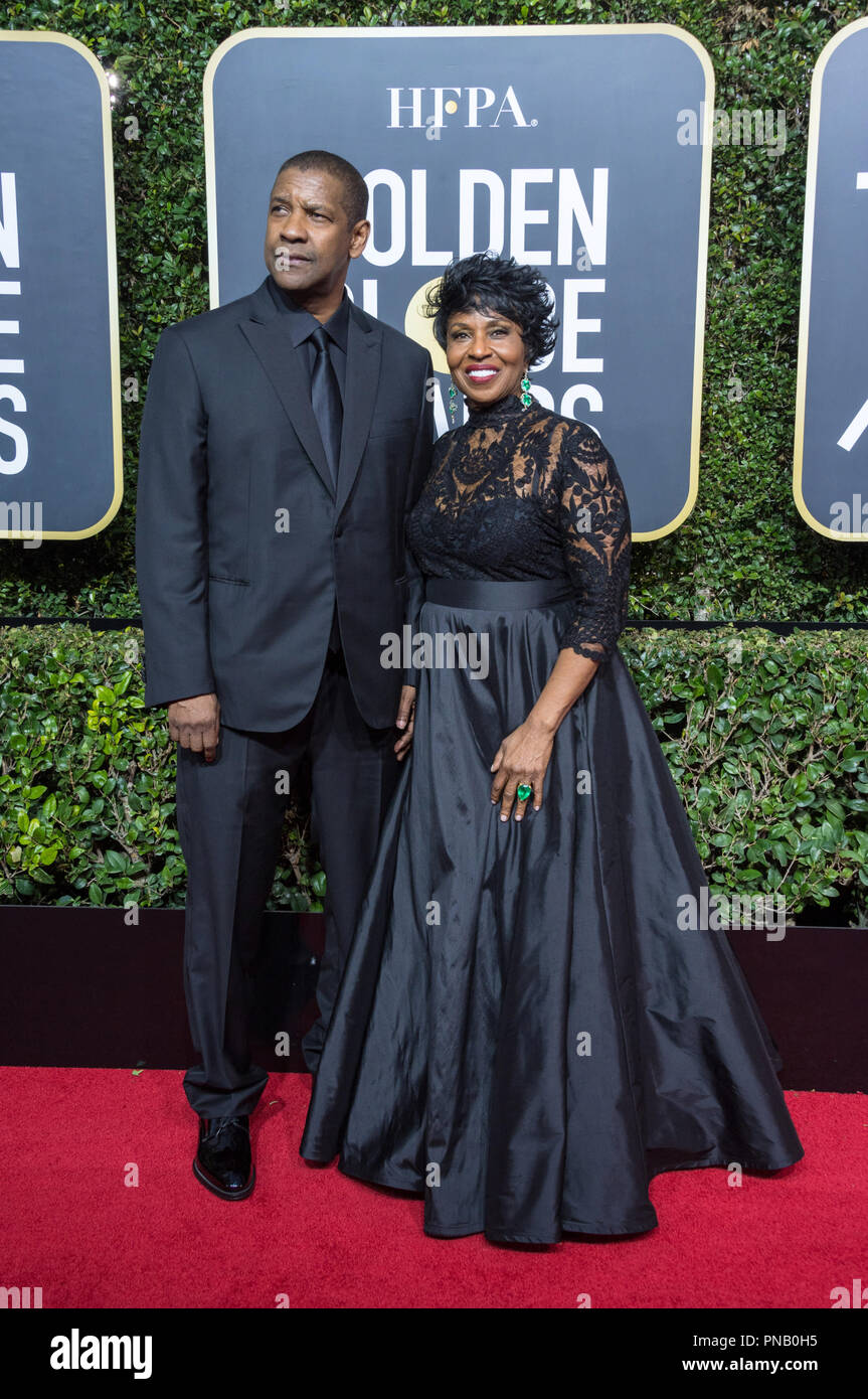 Für beste Leistung durch einen Schauspieler in einer Motion Picture - Drama für seine Rolle in "Römischen J. Israel, Esq., 'Schauspieler Denzel Washington und Pauletta Washington beim 75. jährlichen Golden Globe Awards im Beverly Hilton in Beverly Hills, CA am Sonntag, 7. Januar 2018 kommen nominiert. Stockfoto