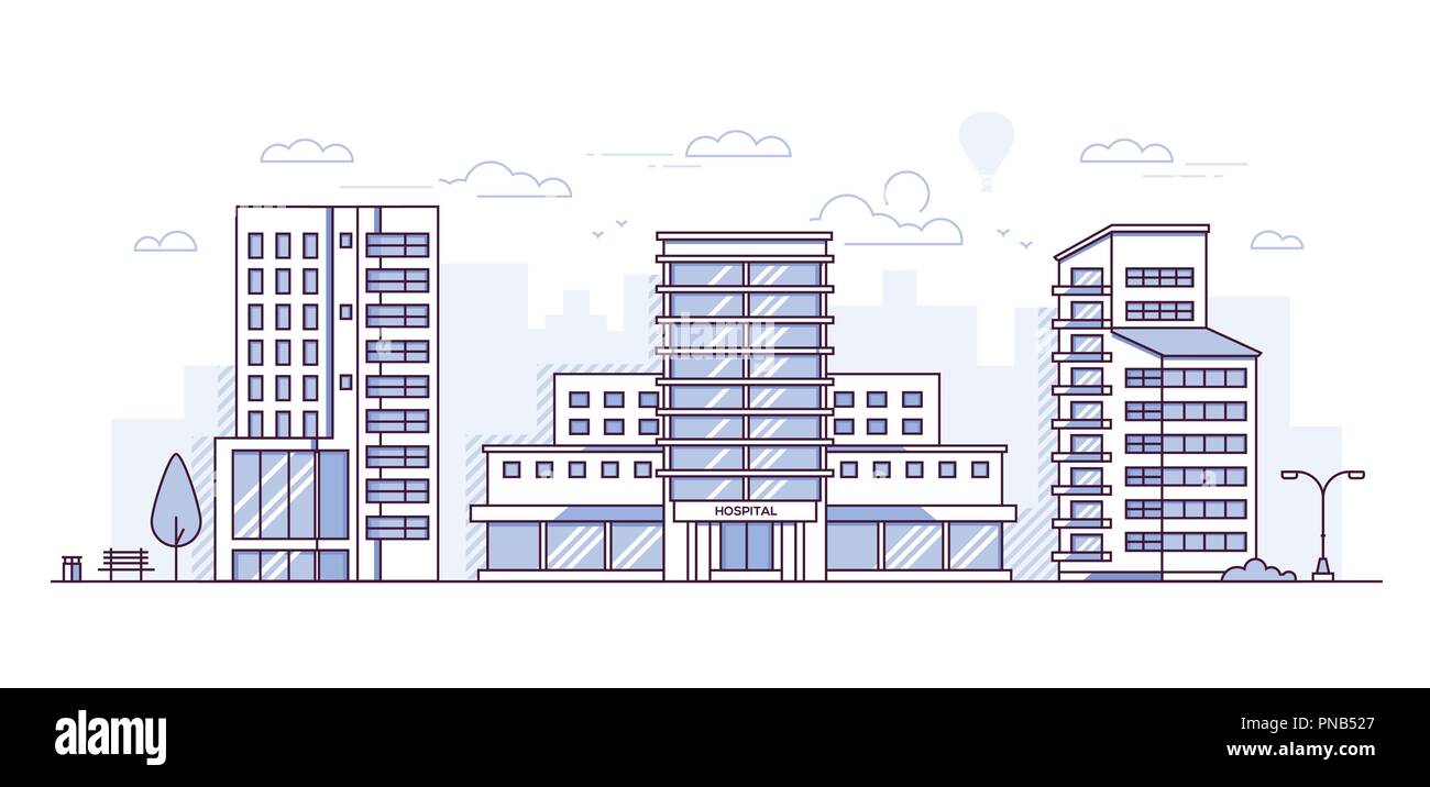Stadtbild mit Krankenhaus - Moderne thin line Design Vector Illustration Stock Vektor