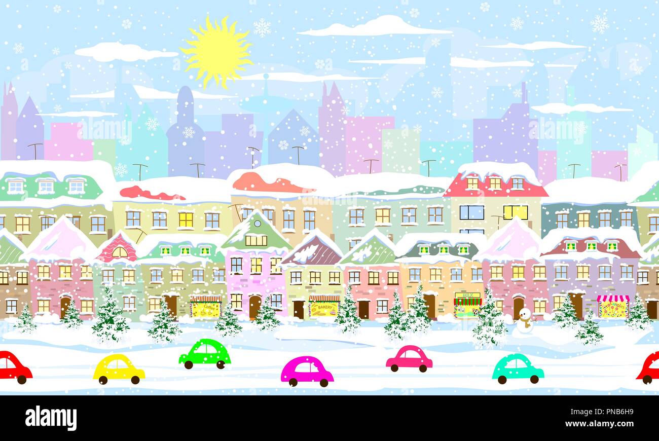 Winter Stadt Landschaft, nahtlos. Stadt Straße im Winter. Die Häuser sind mit Schnee bedeckt. Schnee auf einer Straße der Stadt. Verschneite Stadt. Stock Vektor