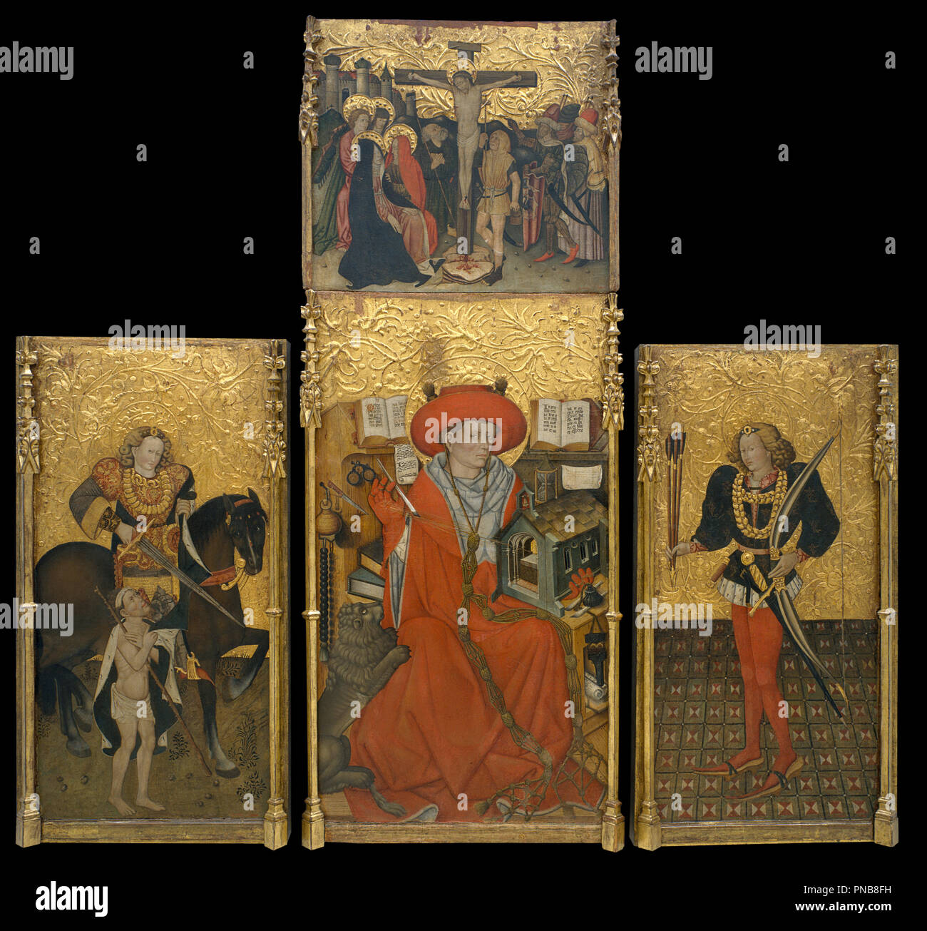 Altarbild des heiligen Hieronymus, Saint Martin und Saint Sebastian. Datum/Zeit: Ca. 1450. Malerei. Tempera, Stuck und Blattgold auf Holz. Höhe: 2.364 mm (93.07 in); Breite: 920 mm (36.22 in). Autor: JAUME FERRER. FERRER, Jaume. Stockfoto