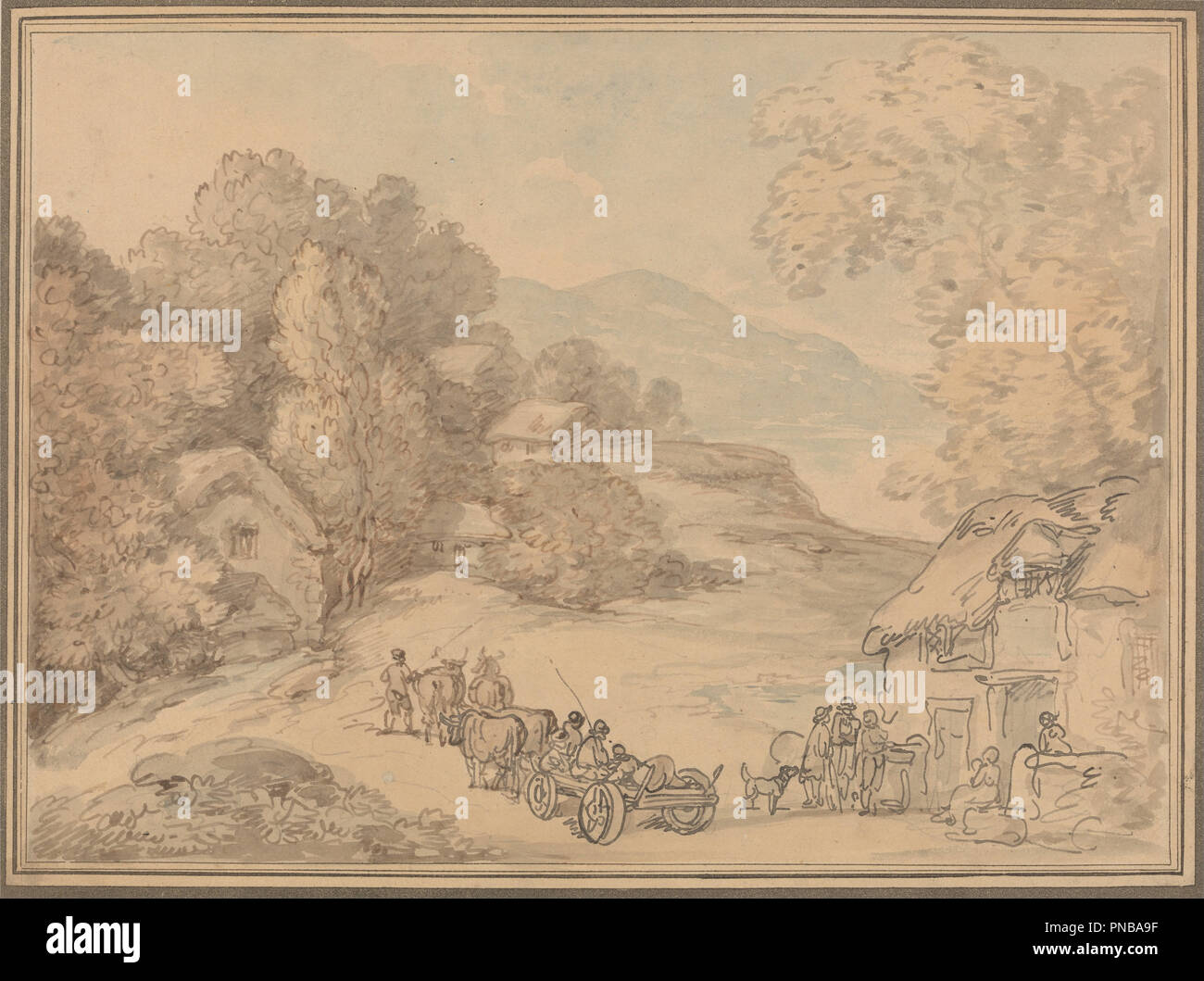 Ein Dorf in einer hügeligen Landschaft. Landschaft. Aquarell mit Stift und Grau und Braun Tinte, Graphit auf dicke, leicht strukturierte, Braun, webten Papier. Höhe: 249 mm (9,80 in); Breite: 335 mm (13.18 in). Autor: Thomas Rowlandson. Stockfoto