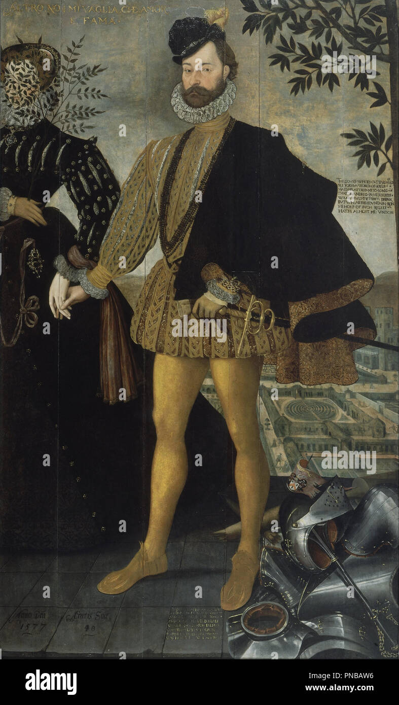 Porträt von George forscht und eine weibliche Begleiter. Datum/Zeitraum: 1577. Malerei. Öl auf Eichenholz. Höhe: 2.185 mm (86.02 in); Breite: 1.335 mm (52.55 in). Thema: British School. Stockfoto