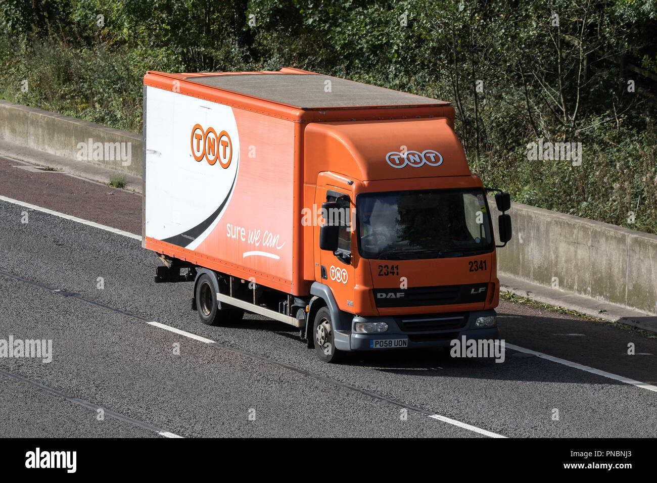 TNT orange weiß Paketversand Güterverkehrs mit schweren Lastkraftwagen, DAF  Trucks & LKW-Transport, Logistik transport Fahrzeuge auf der M6 an der  Lancaster, Großbritannien Stockfotografie - Alamy