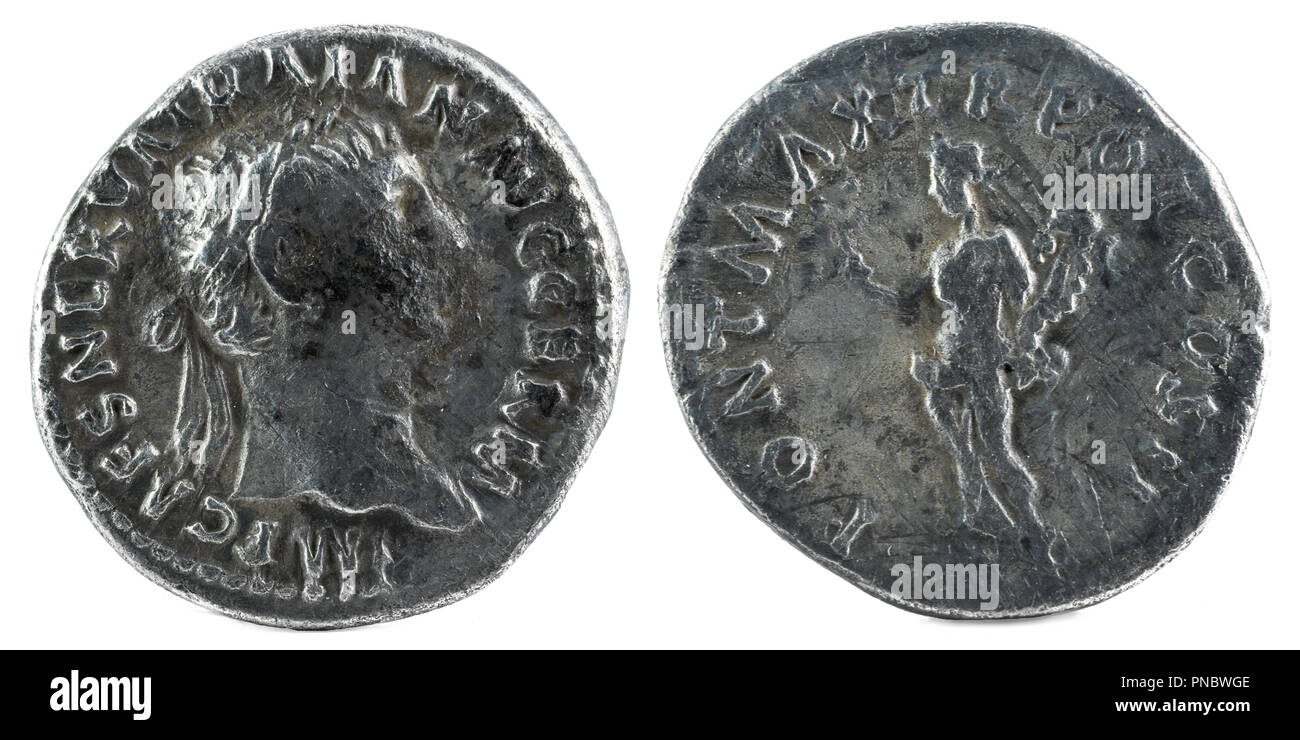 Römischer Denar Silber münze von Kaiser Trajan. Stockfoto