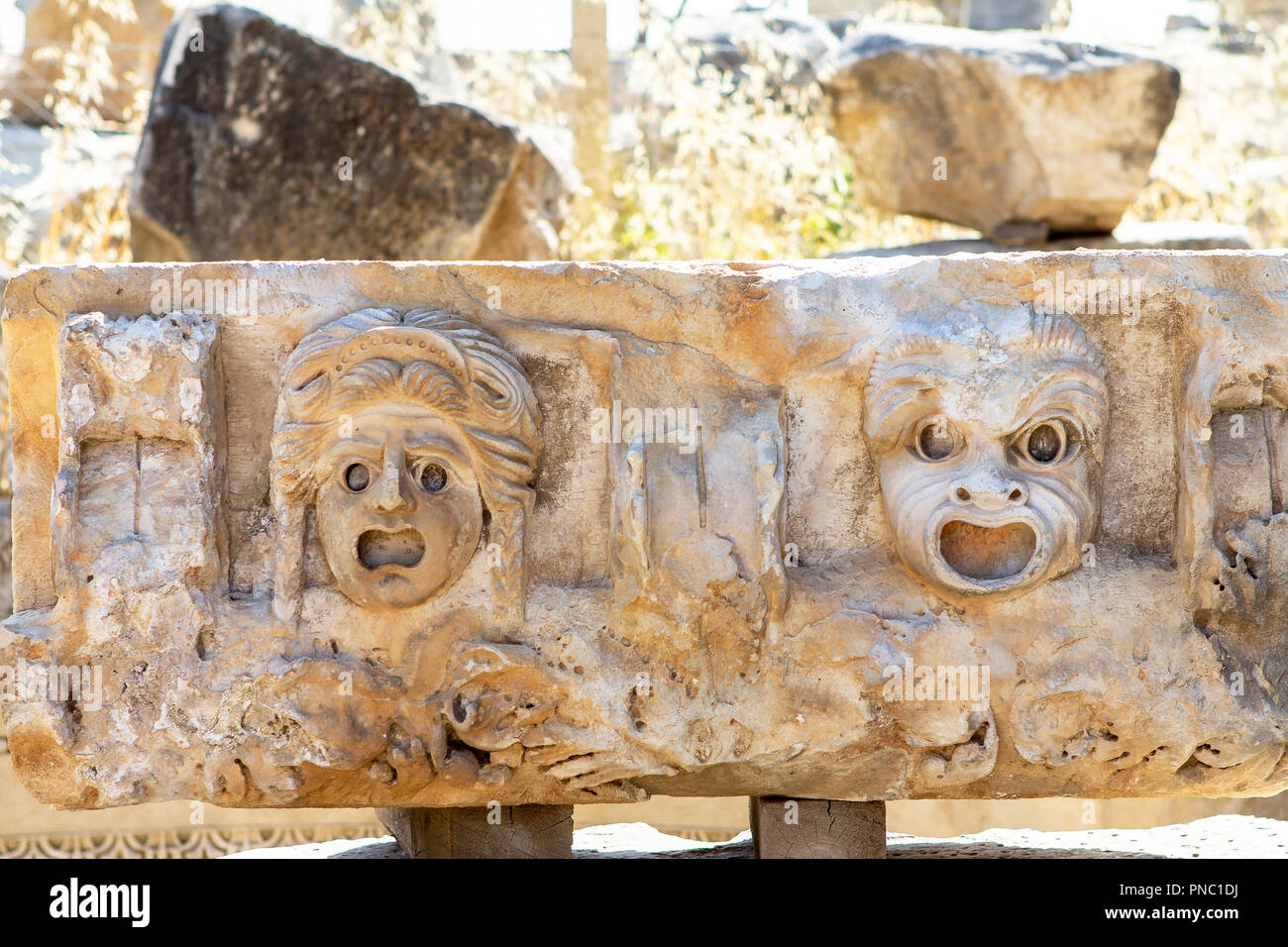 Theater Maske Entlastung der antiken Stadt Myra in Lyzien Region von Anatolien, modernen Demre, Türkei Stockfoto