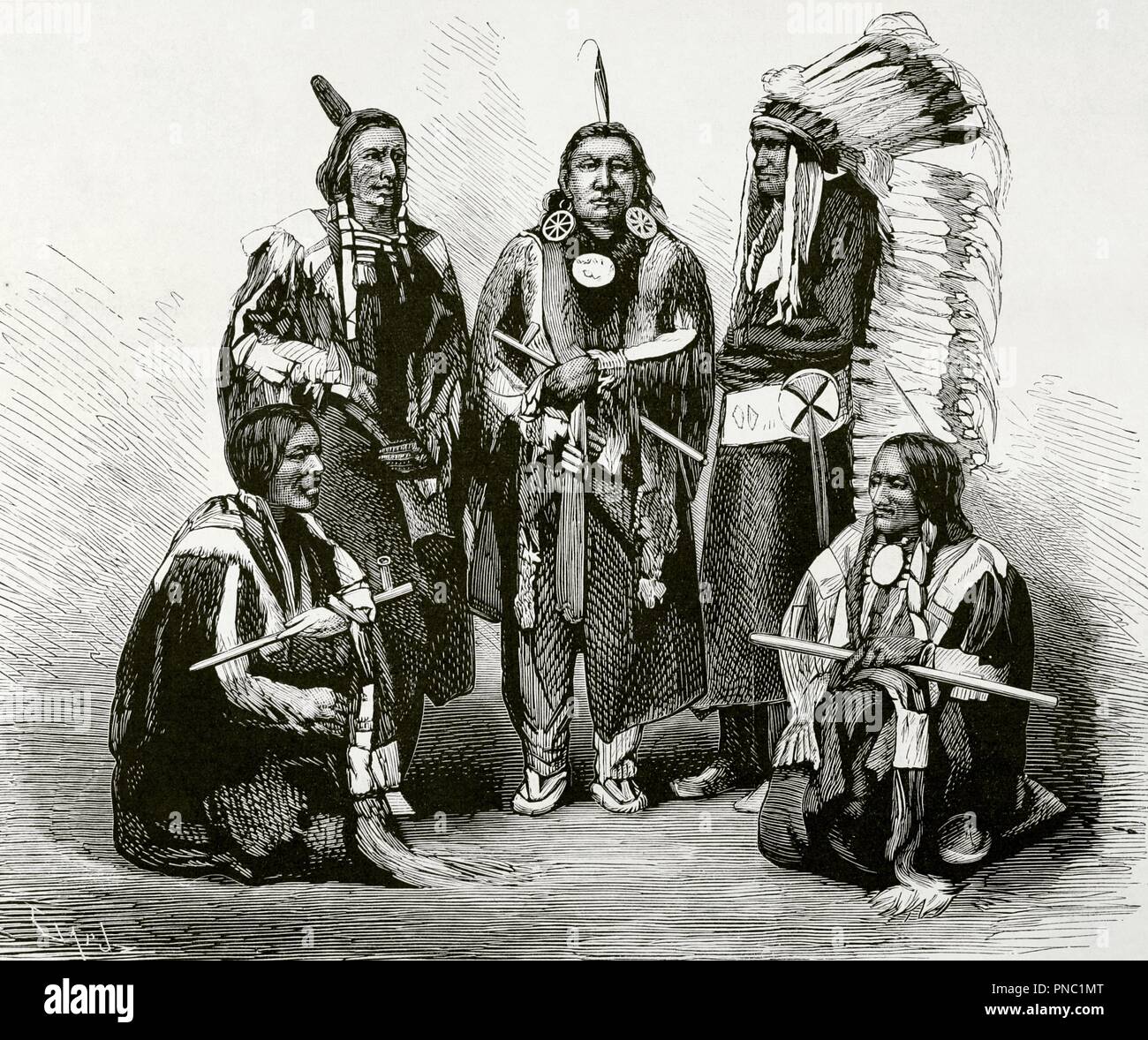 Estados Unidos. Guerras Indias. Principales Jefes De Los Indios Sioux, vencedores del General George Armstrong Custer. De izquierda a derecha: Red Fox (Zorro Colorado), Bärenfellmütze (Cuero de Oso), Red Dog (Perro Rojo), felsige Tragen (OSO) Duro y Leben tragen (Oso Vivo). Grabado. La Ilustración Española y Americana. 8 de Septiembre de 1876. Biblioteca Histórico Militar de Barcelona. Catalunya, España. Stockfoto