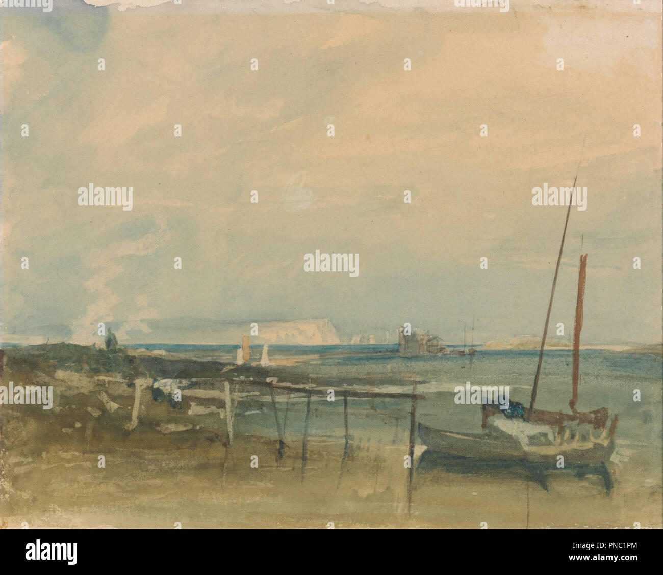 Küste Szene mit Weißen Klippen und Boote an Land. Malerei. Aquarell. Höhe: 184 mm (7.24 in); Breite: 232 mm (9.13 in). Autor: J. M. W. Turner. Stockfoto