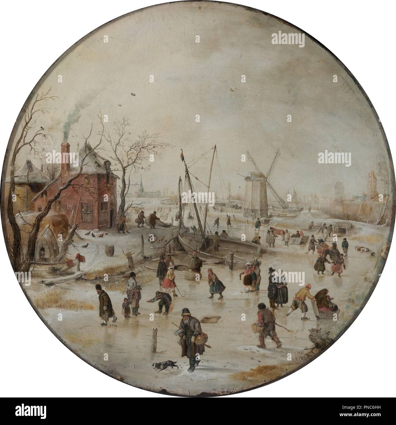 Gefrorener Fluss mit Skater. Datum/Zeit: 1620 n. Malerei. Öl auf Eichenholz. Durchmesser: 30,5 cm (12 in). Autor: Hendrick Avercamp. Stockfoto