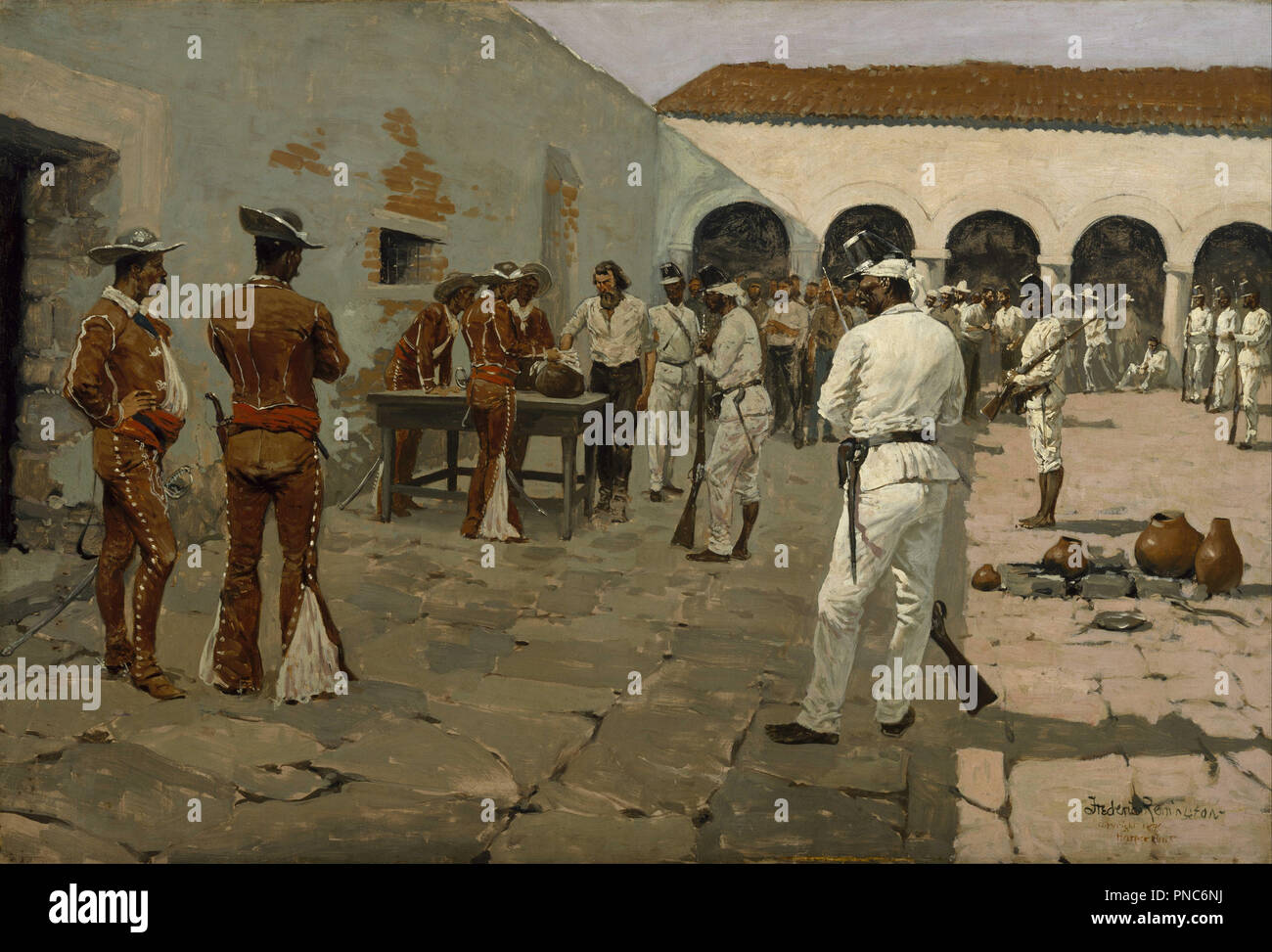 Die Mier Expedition: Die Zeichnung der Schwarze Bohne (Gefangene ihre Bohnen). Datum/Zeitraum: 1896. Malerei. Öl auf Leinwand. Höhe: 27.1 in (69 cm), Breite: 40 in (101,6 cm). Autor: Frederic Remington. Stockfoto