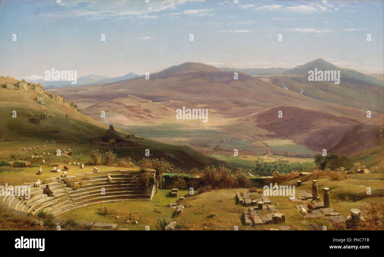 Das Amphitheater von Tusculum und den Albaner Bergen, Rom. Datum/Zeitraum: 1860. Malerei. Öl auf Leinwand Öl auf Leinwand. Höhe: 609.60 mm (24 in); Breite: 1.016 mm (40 in). Thema: Worthington Whittredge. Stockfoto