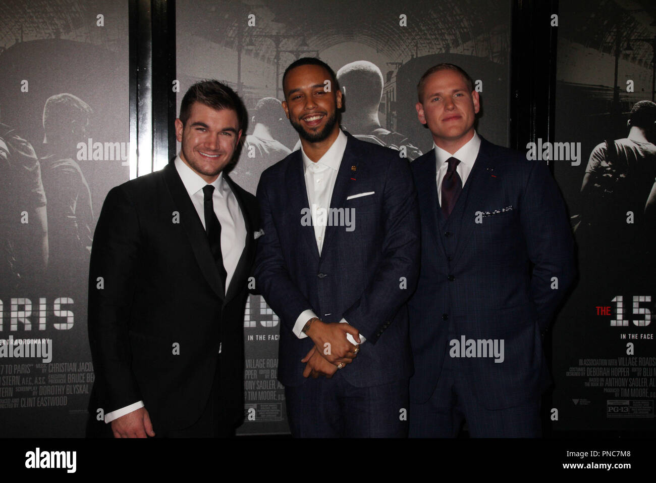 Alek Skarlatos, Anthony Sadler, Spencer Stein 02/05/2018 Die Weltpremiere von "Die 15:17 bis Paris' an Der sjr Theater bei Warner Bros Studios in Burbank, CA Foto von Izumi Hasegawa/HNW/PictureLux Stockfoto